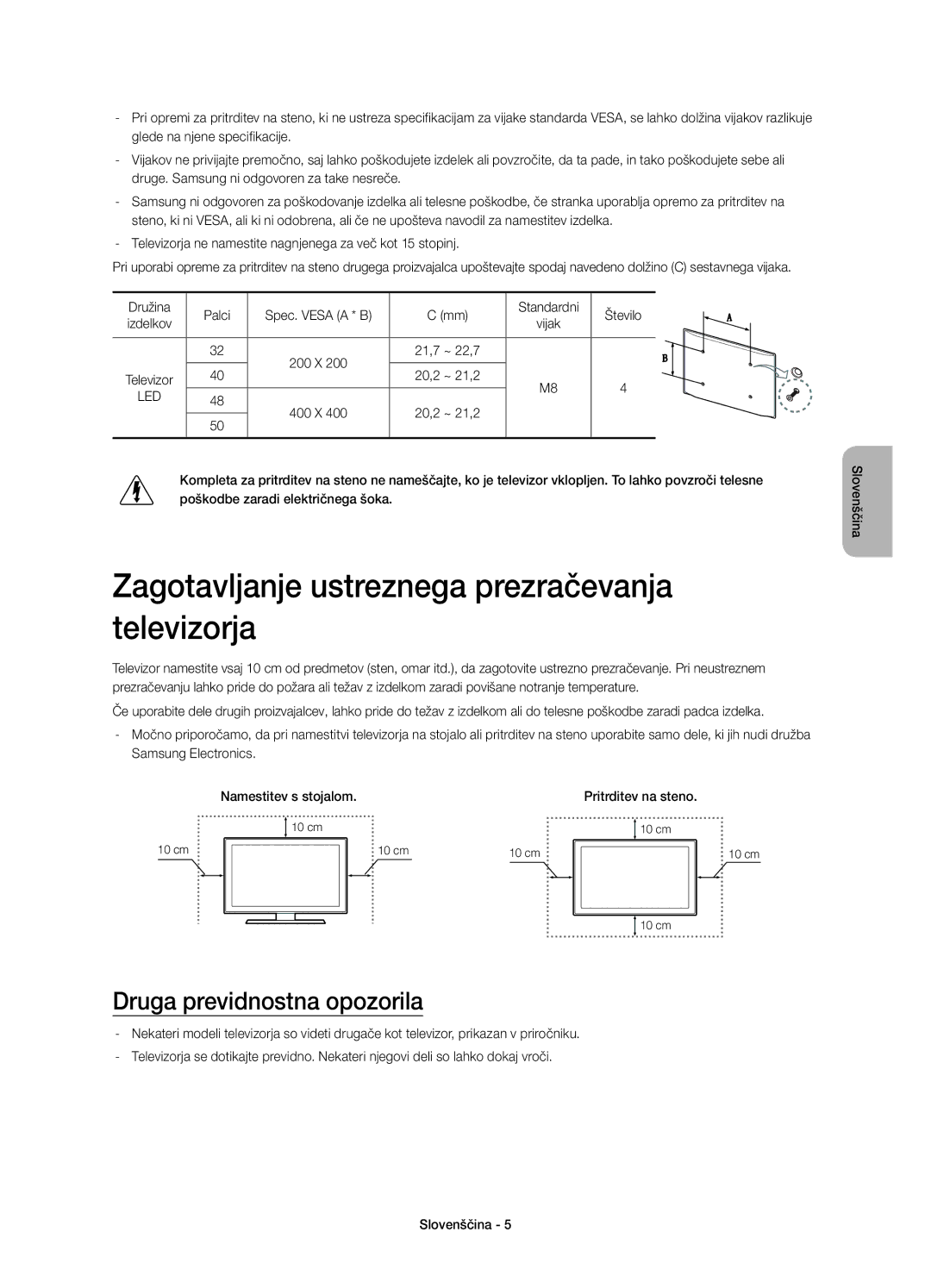 Samsung UE48H5510SSXZF, UE32H5570SSXZG Zagotavljanje ustreznega prezračevanja televizorja, Druga previdnostna opozorila 