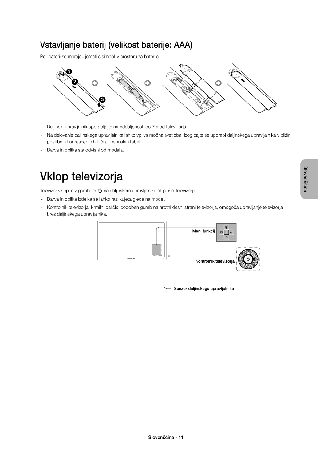 Samsung UE32H5570SSXXH, UE32H5570SSXZG, UE48H5510SSXZG manual Vklop televizorja, Vstavljanje baterij velikost baterije AAA 