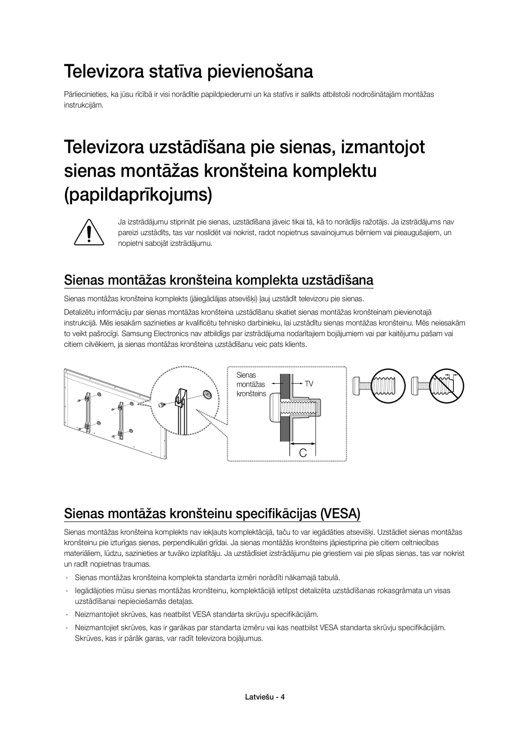 Samsung UE48H5510SSXXN, UE32H5570SSXZG Televizora statīva pievienošana, Sienas montāžas kronšteina komplekta uzstādīšana 