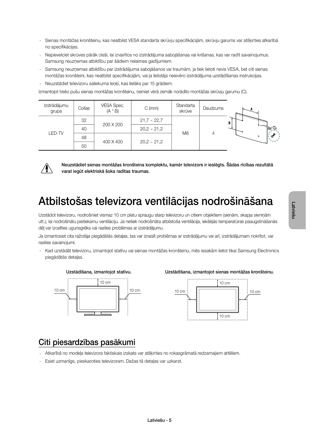 Samsung UE48H5500AWXXN, UE32H5570SSXZG manual Atbilstošas televizora ventilācijas nodrošināšana, Citi piesardzības pasākumi 