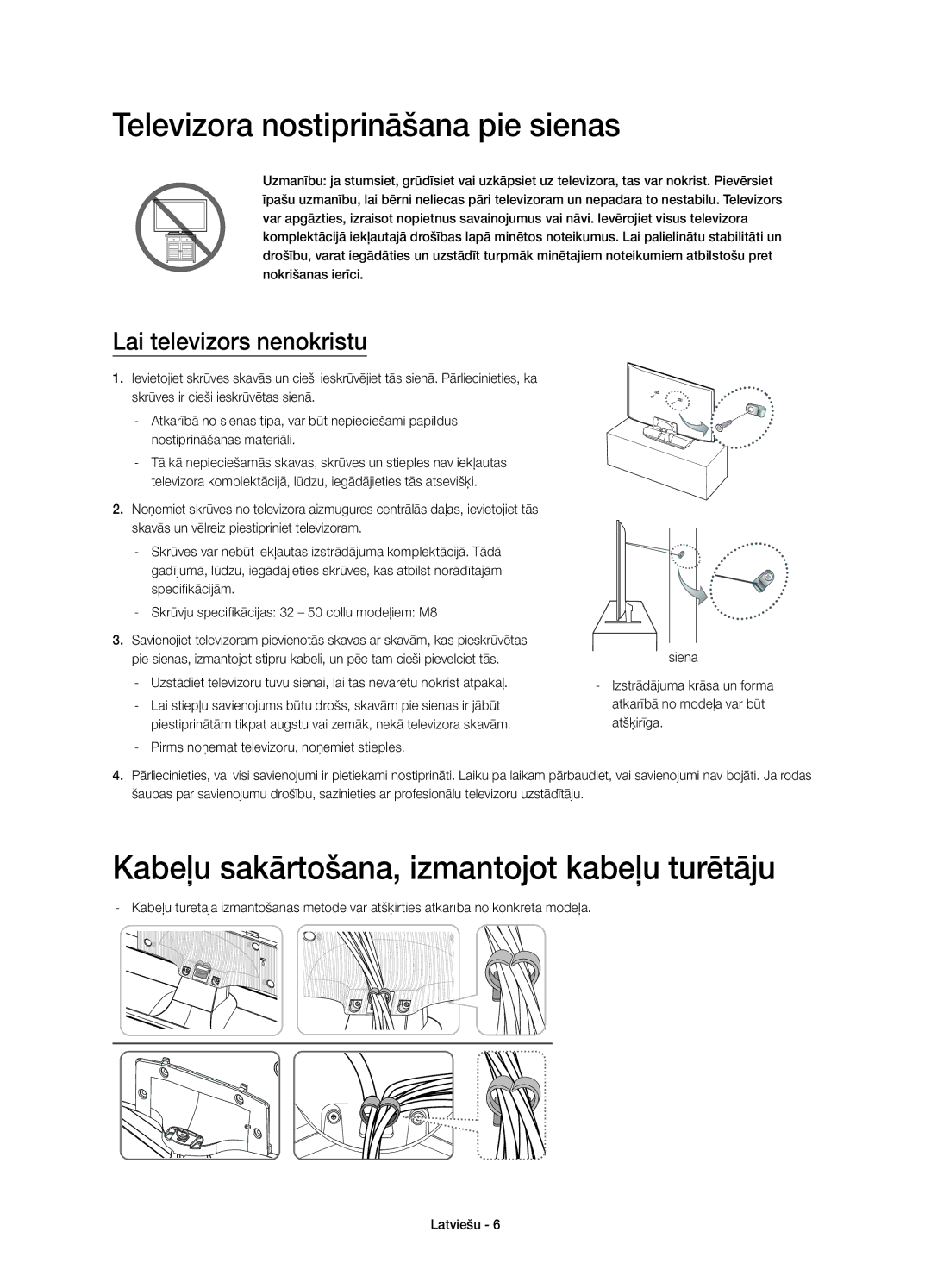 Samsung UE32H5500AWXXN manual Televizora nostiprināšana pie sienas, Kabeļu sakārtošana, izmantojot kabeļu turētāju 