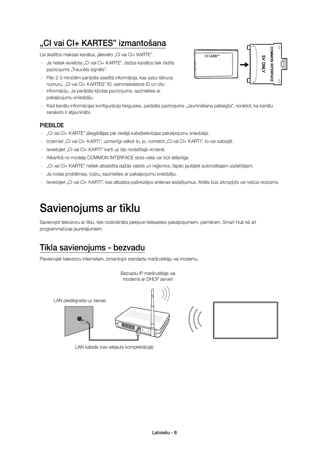 Samsung UE48H5570SSXXN, UE32H5570SSXZG Savienojums ar tīklu, „CI vai CI+ Kartes izmantošana, Tīkla savienojums bezvadu 