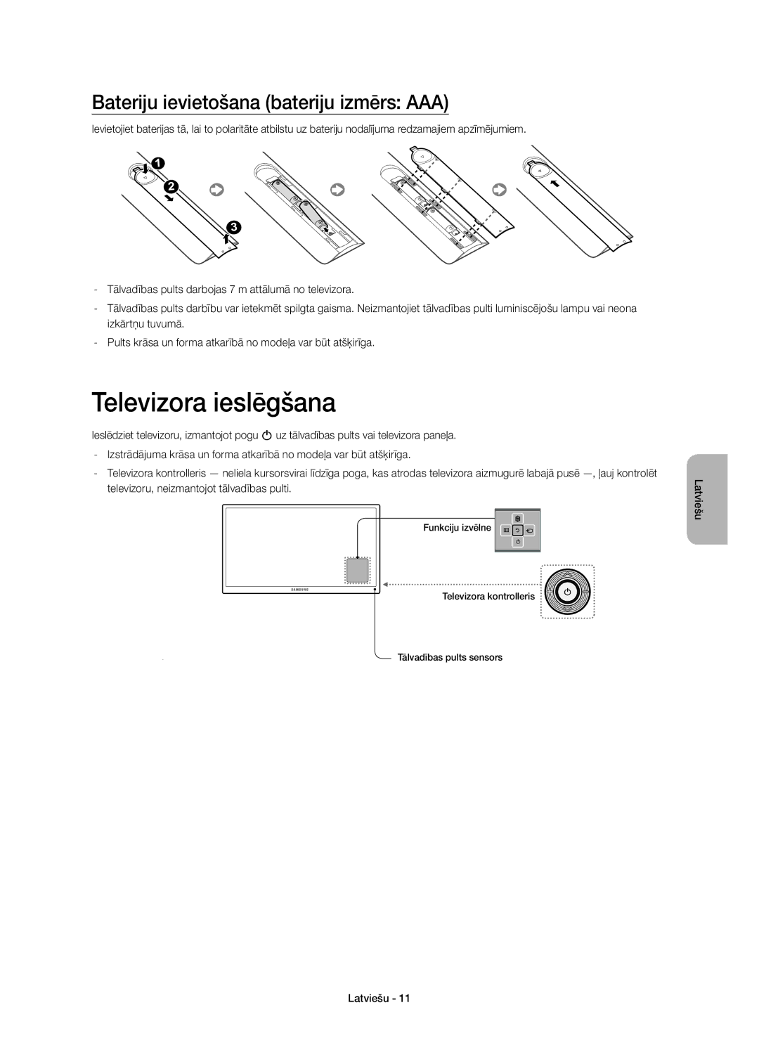 Samsung UE40H5500AWXXN, UE32H5570SSXZG, UE48H5510SSXZG manual Televizora ieslēgšana, Bateriju ievietošana bateriju izmērs AAA 