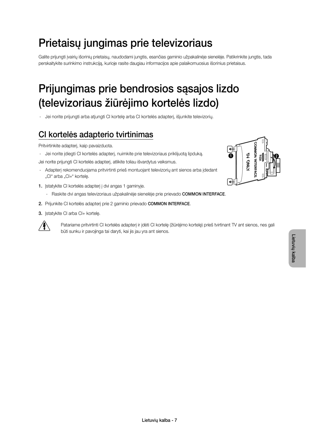 Samsung UE48H5500AWXZF, UE32H5570SSXZG manual Prietaisų jungimas prie televizoriaus, CI kortelės adapterio tvirtinimas 