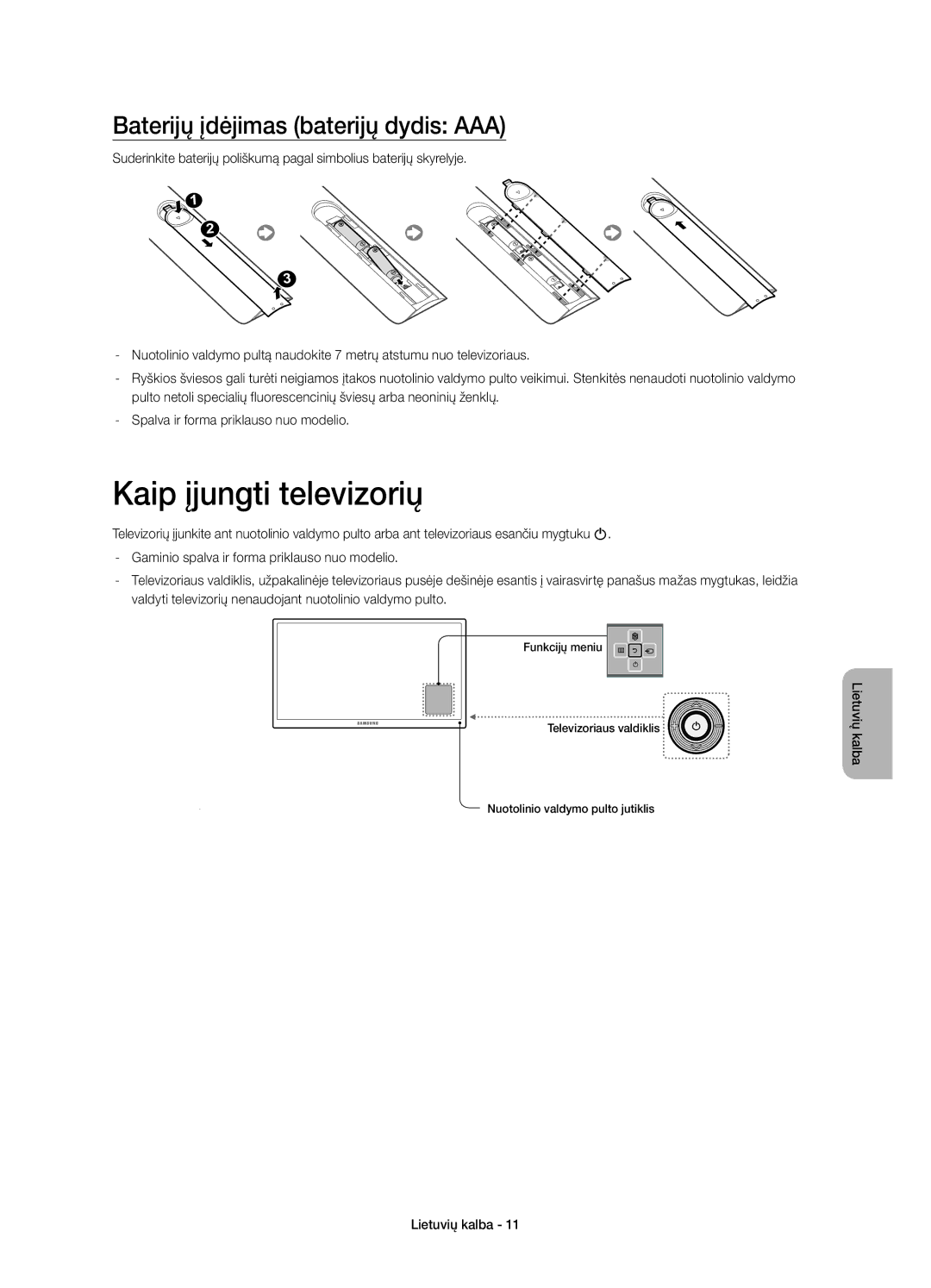 Samsung UE40H5570SSXXH, UE32H5570SSXZG, UE48H5510SSXZG manual Kaip įjungti televizorių, Baterijų įdėjimas baterijų dydis AAA 