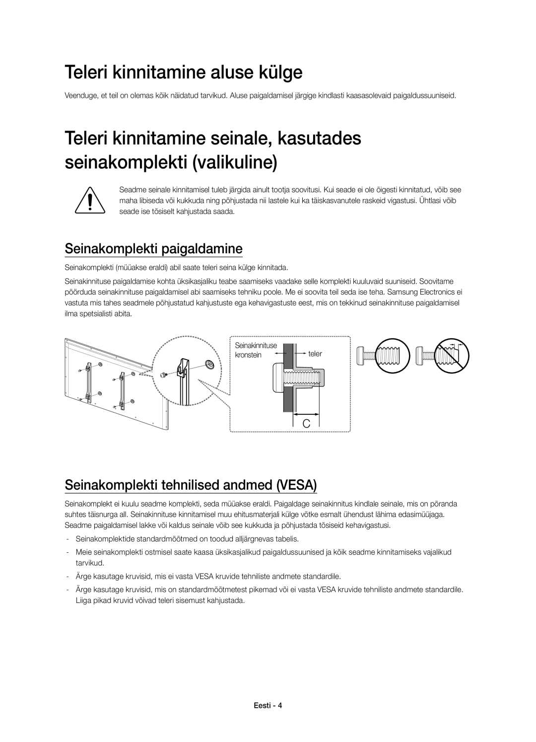 Samsung UE48H5500AWXXN Teleri kinnitamine aluse külge, Seinakomplekti paigaldamine, Seinakomplekti tehnilised andmed Vesa 