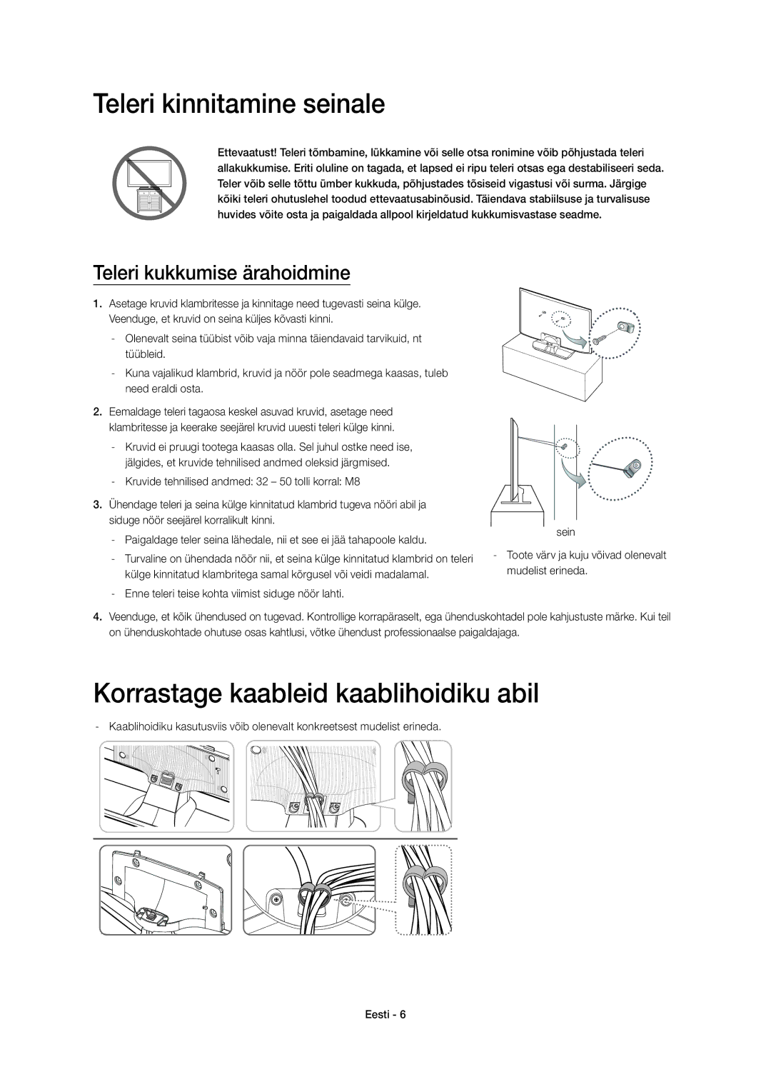 Samsung UE50H5570SSXXH Teleri kinnitamine seinale, Korrastage kaableid kaablihoidiku abil, Teleri kukkumise ärahoidmine 