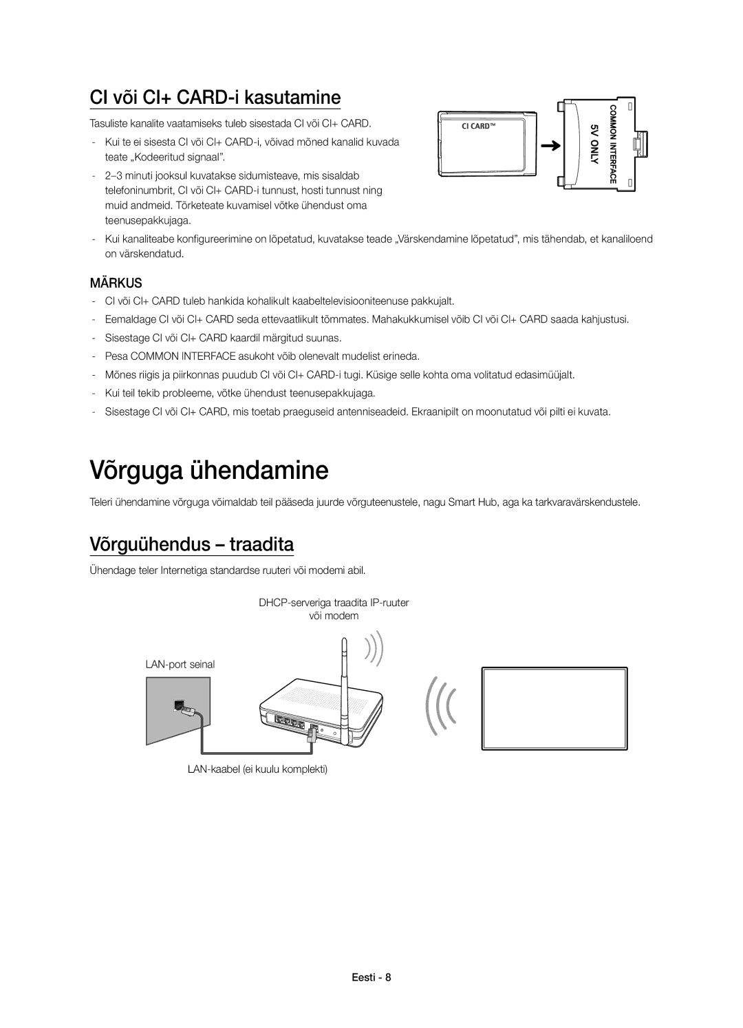 Samsung UE40H5510SSXXN, UE32H5570SSXZG manual Võrguga ühendamine, CI või CI+ CARD-i kasutamine, Võrguühendus traadita 