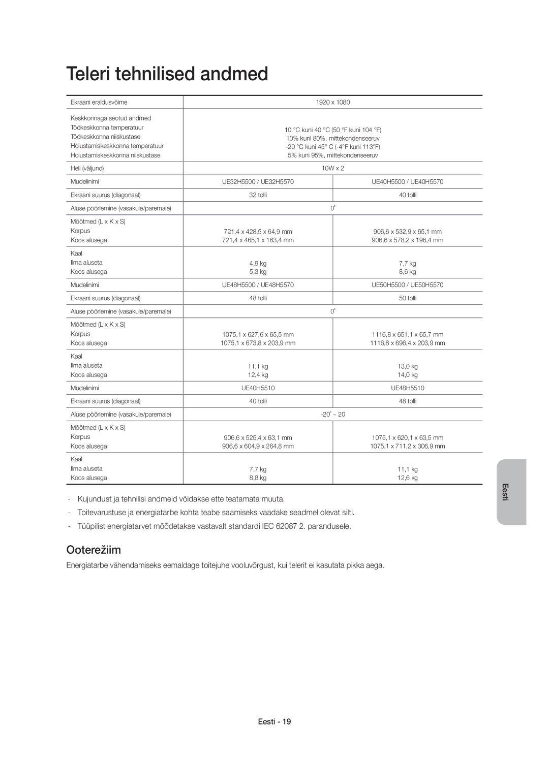 Samsung UE32H5500AWXXH, UE32H5570SSXZG, UE48H5510SSXZG, UE50H5570SSXZG, UE48H5570SSXZG Teleri tehnilised andmed, Ooterežiim 