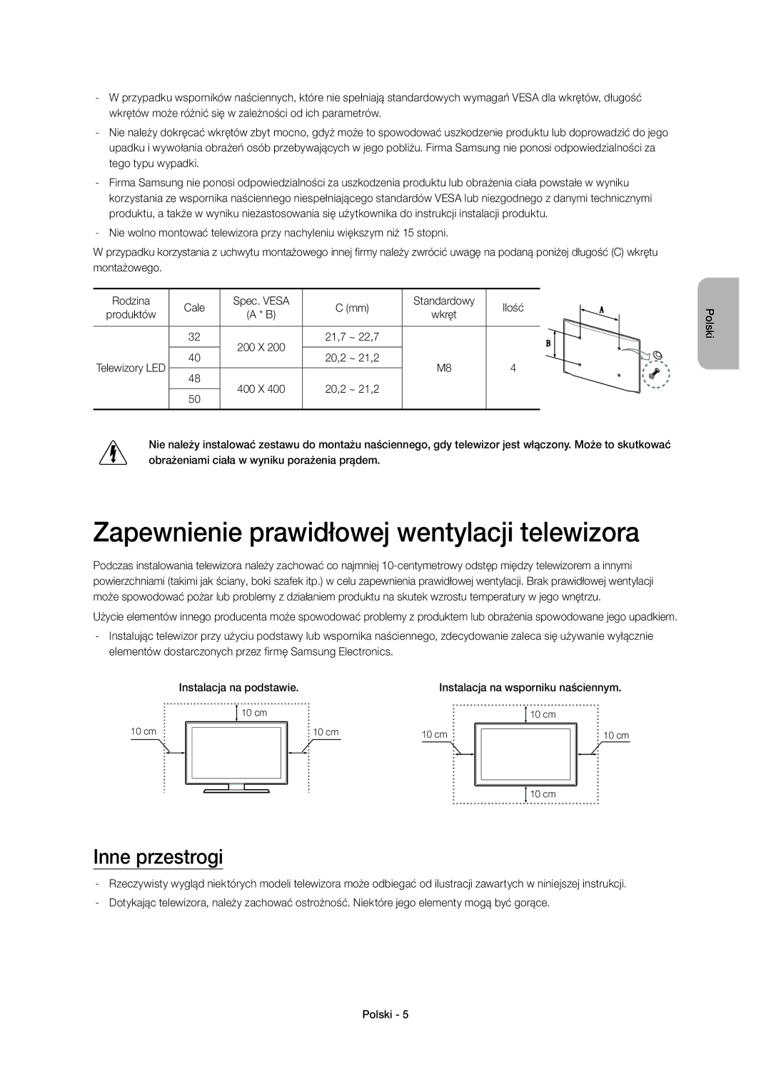 Samsung UE40H5500AWXXH, UE32H5570SSXZG, UE48H5510SSXZG manual Zapewnienie prawidłowej wentylacji telewizora, Inne przestrogi 