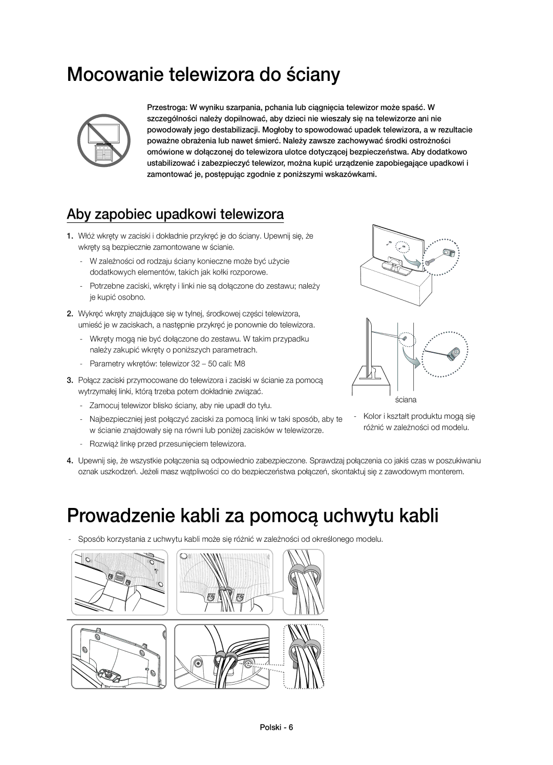 Samsung UE32H5500AWXXH, UE32H5570SSXZG manual Mocowanie telewizora do ściany, Prowadzenie kabli za pomocą uchwytu kabli 