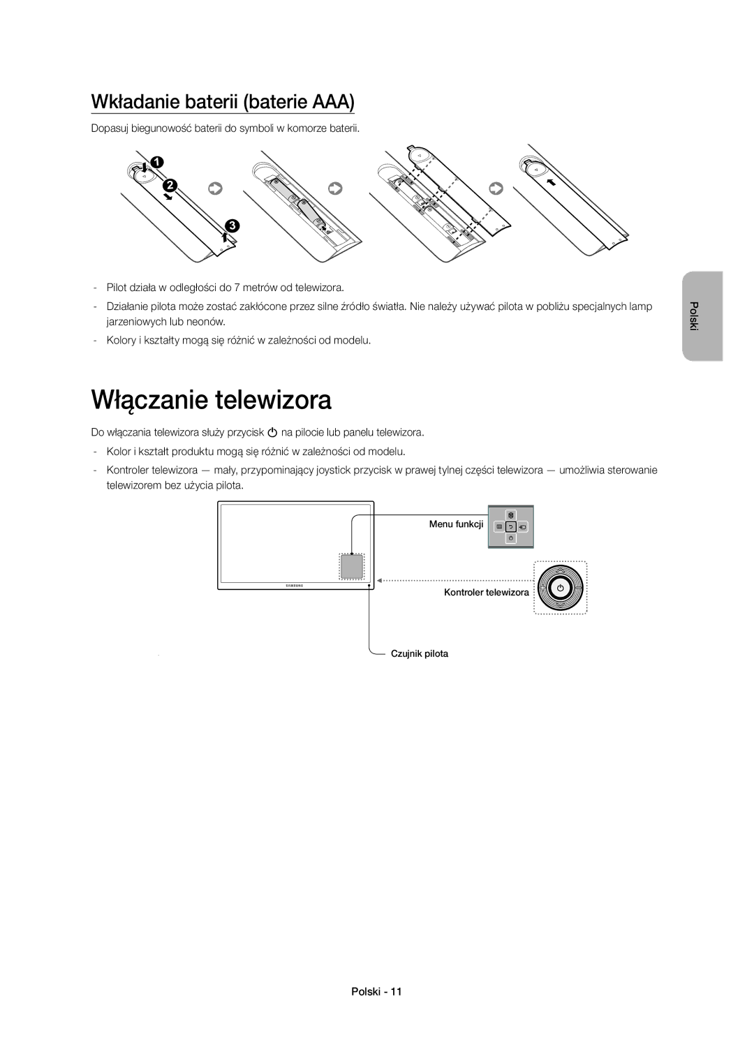 Samsung UE50H5500AWXZF, UE32H5570SSXZG, UE48H5510SSXZG, UE50H5570SSXZG Włączanie telewizora, Wkładanie baterii baterie AAA 