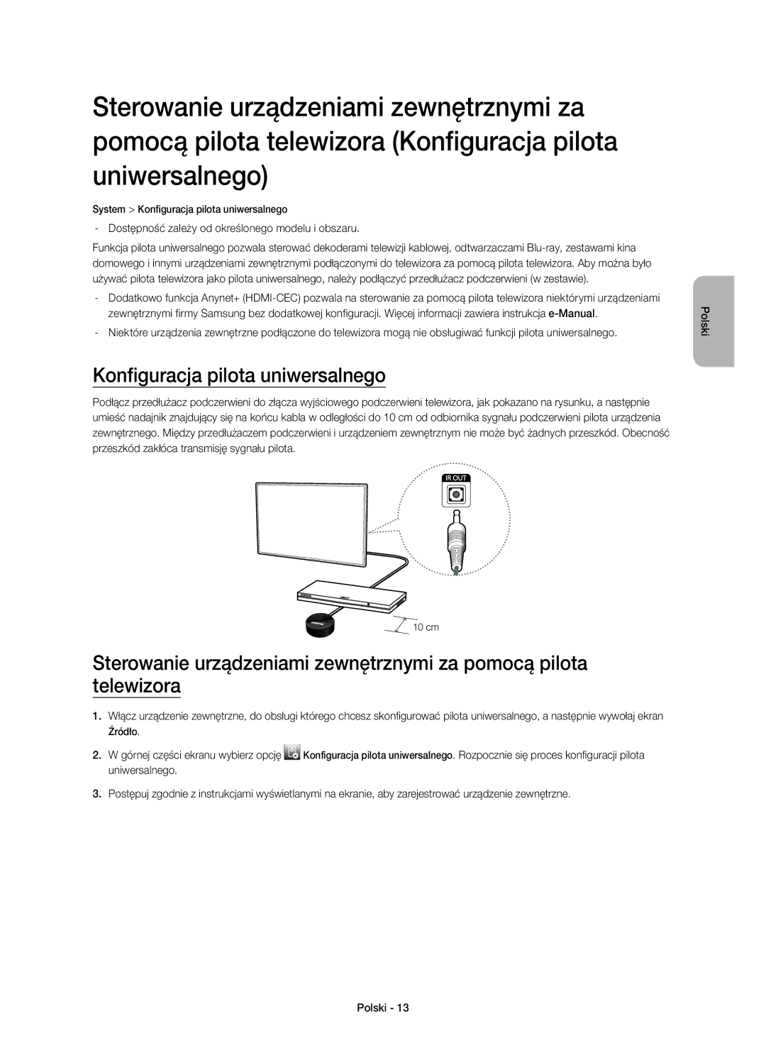 Samsung UE48H5500AWXZF manual Konfiguracja pilota uniwersalnego, Dostępność zależy od określonego modelu i obszaru 