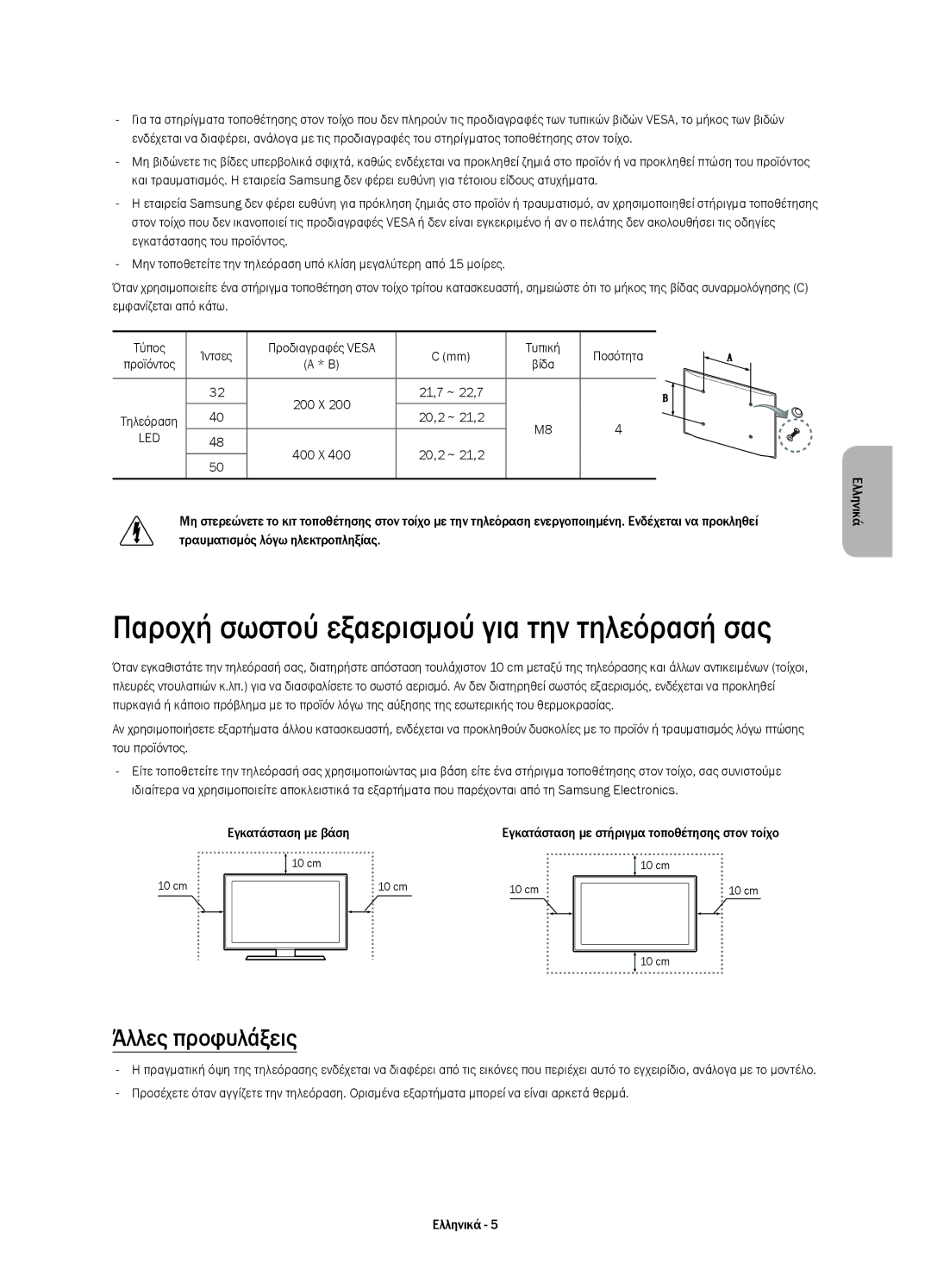 Samsung UE50H5500AWXXC, UE32H5570SSXZG, UE48H5510SSXZG Παροχή σωστού εξαερισμού για την τηλεόρασή σας, Άλλες προφυλάξεις 