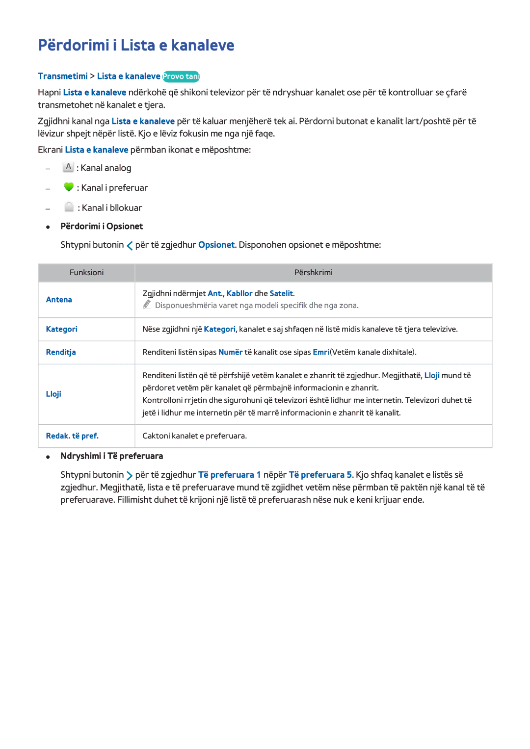 Samsung UE48H6400AWXXH manual Përdorimi i Lista e kanaleve, Transmetimi Lista e kanaleve Provo tani, Përdorimi i Opsionet 