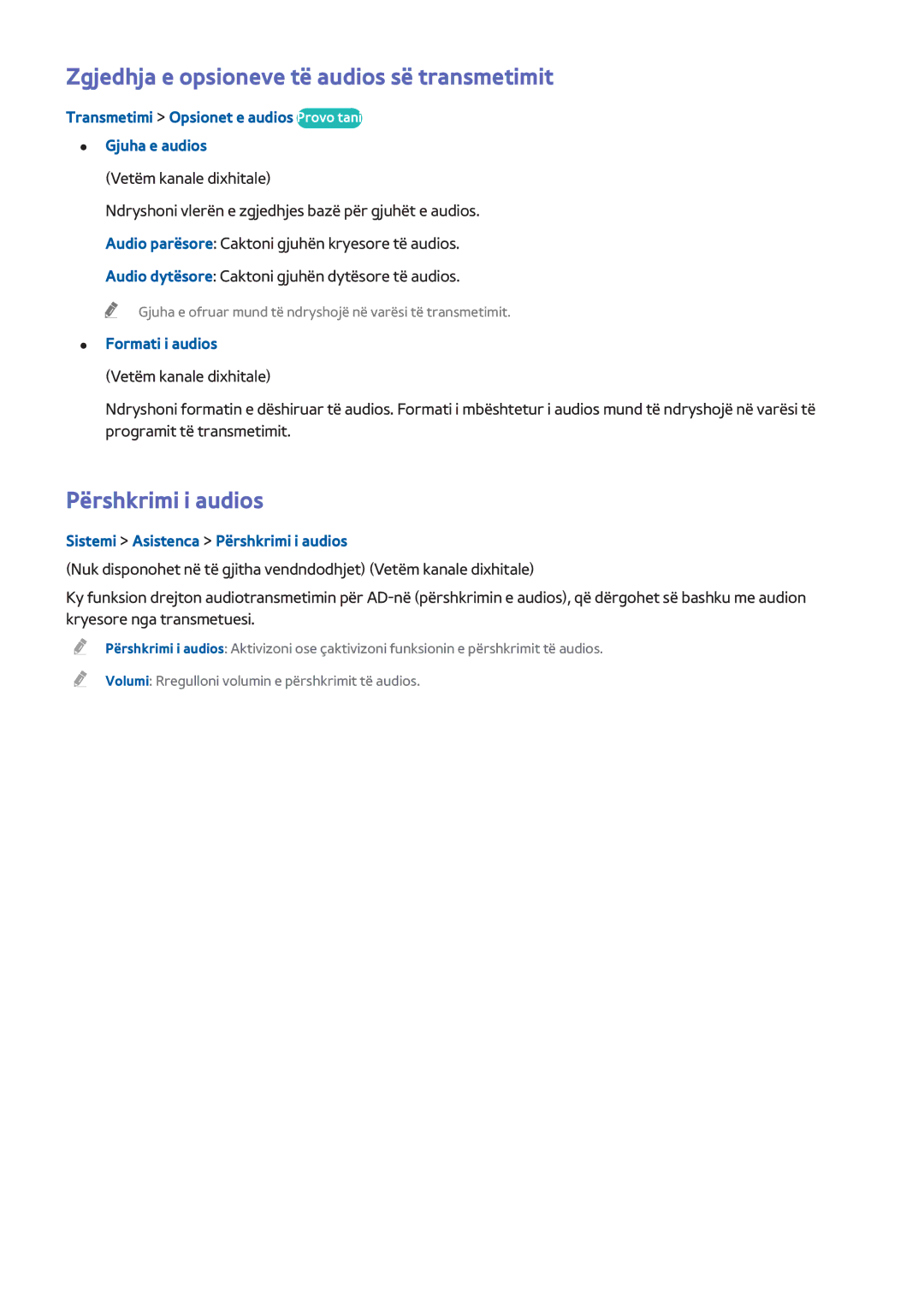 Samsung UE50H5500AWXXH manual Zgjedhja e opsioneve të audios së transmetimit, Përshkrimi i audios, Formati i audios 