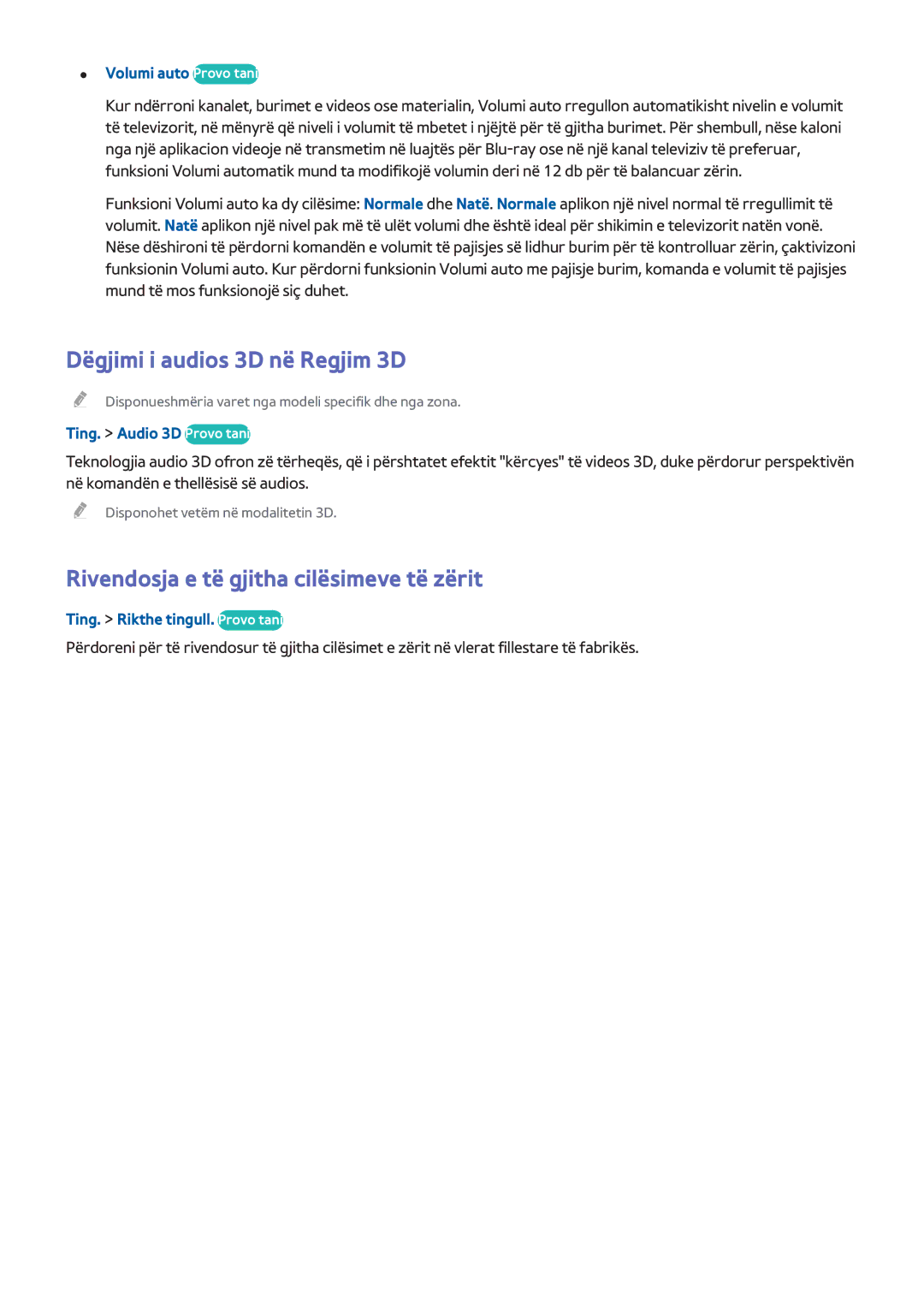 Samsung UE60H7000STXXH, UE32H6200AWXXH manual Dëgjimi i audios 3D në Regjim 3D, Rivendosja e të gjitha cilësimeve të zërit 