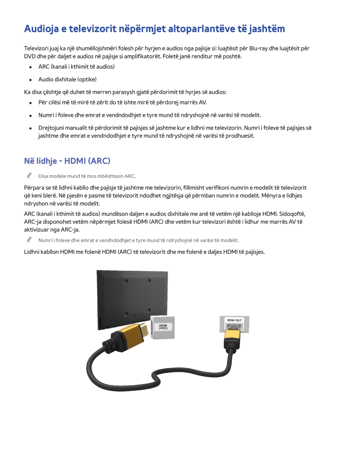 Samsung UE60H6200AWXXH, UE32H6200AWXXH manual Audioja e televizorit nëpërmjet altoparlantëve të jashtëm, Në lidhje Hdmi ARC 