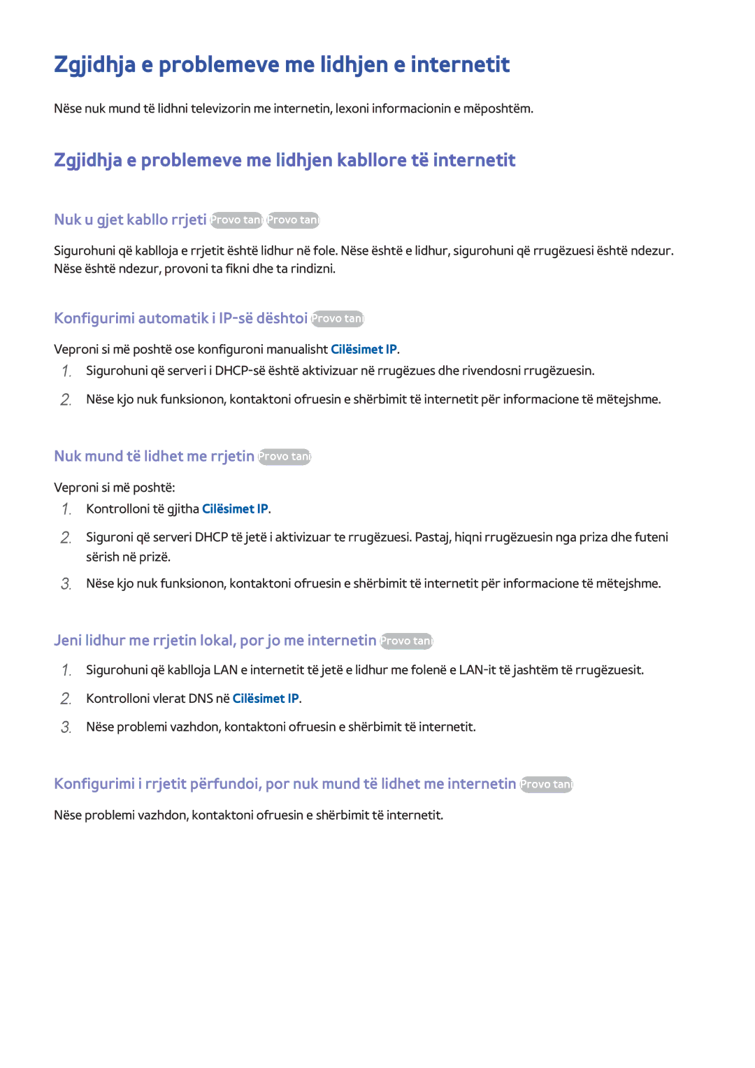 Samsung UE32H6200AWXXH manual Zgjidhja e problemeve me lidhjen e internetit, Nuk u gjet kabllo rrjeti Provo tani Provo tani 