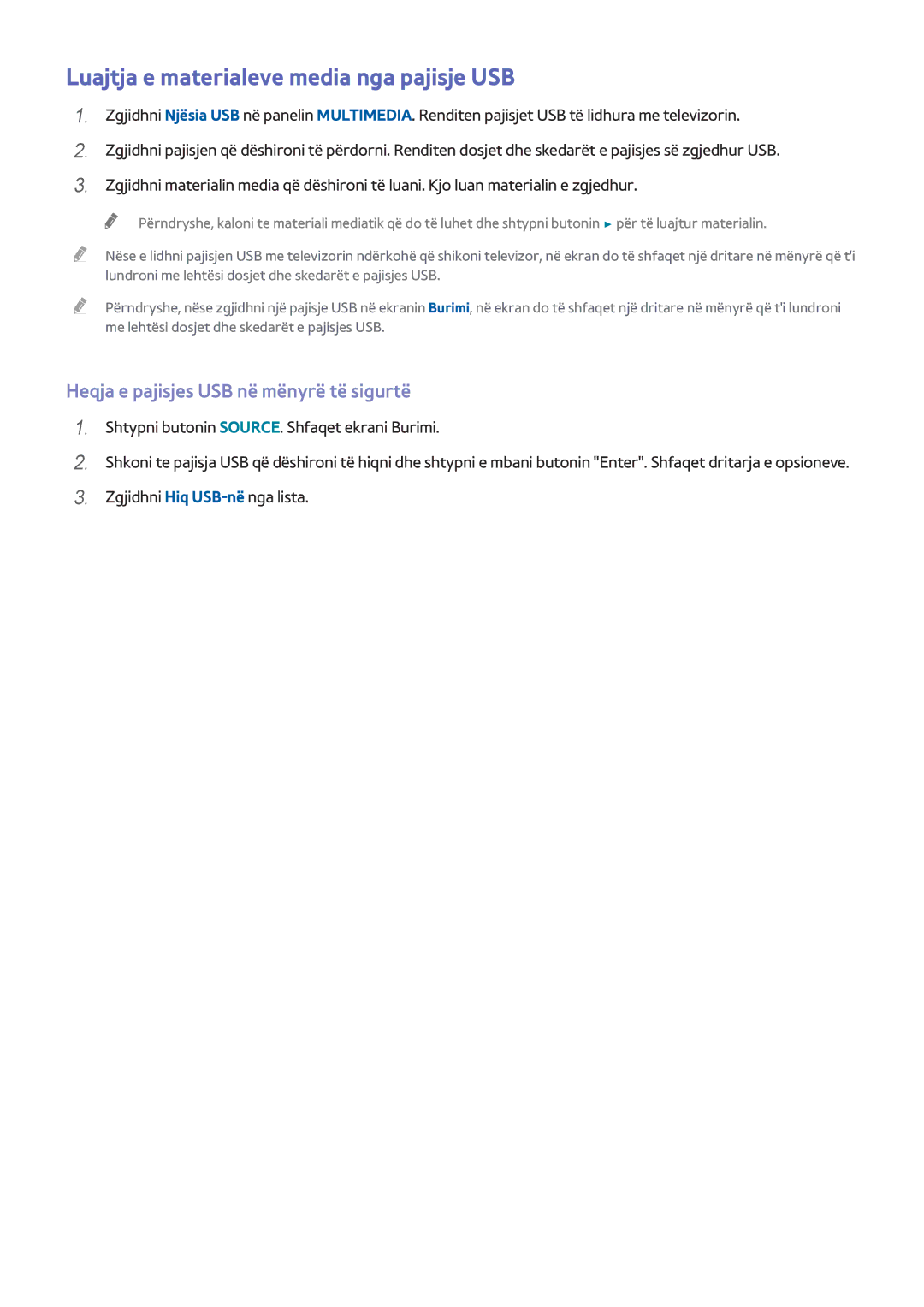 Samsung UE40H6410SUXXH manual Luajtja e materialeve media nga pajisje USB, Heqja e pajisjes USB në mënyrë të sigurtë 