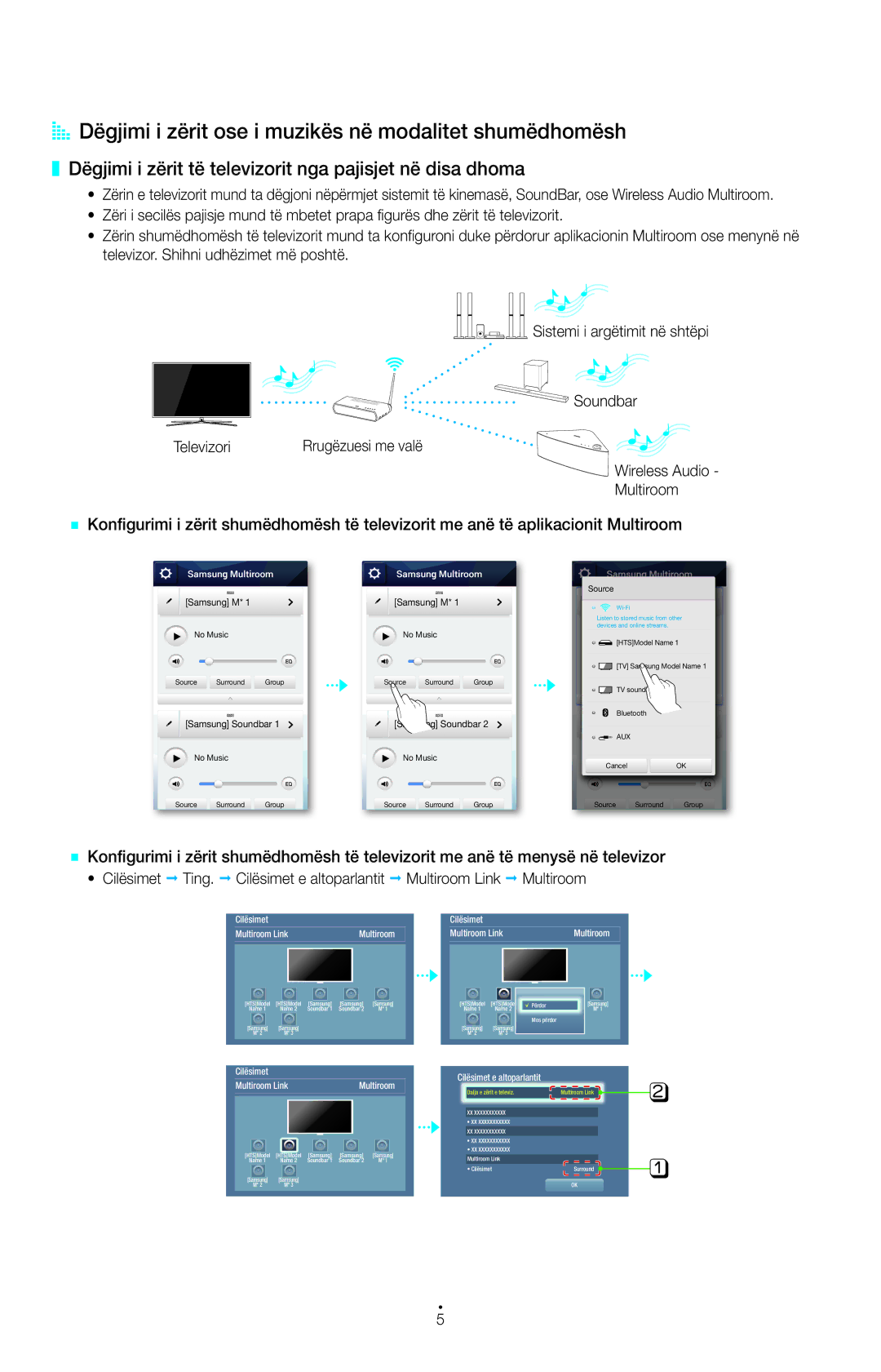 Samsung UE55H6200AWXXH, UE32H6200AWXXH, UE55H6410SSXXH manual AA Dëgjimi i zërit ose i muzikës në modalitet shumëdhomësh 