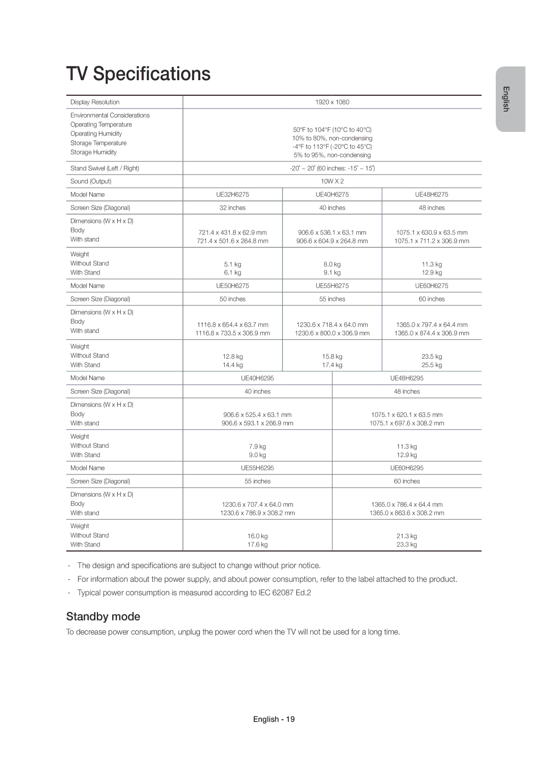 Samsung UE50H6275SUXXE, UE32H6275SUXXE, UE40H6275SUXXE, UE60H6275SUXXE, UE48H6275SUXXE manual TV Specifications, Standby mode 