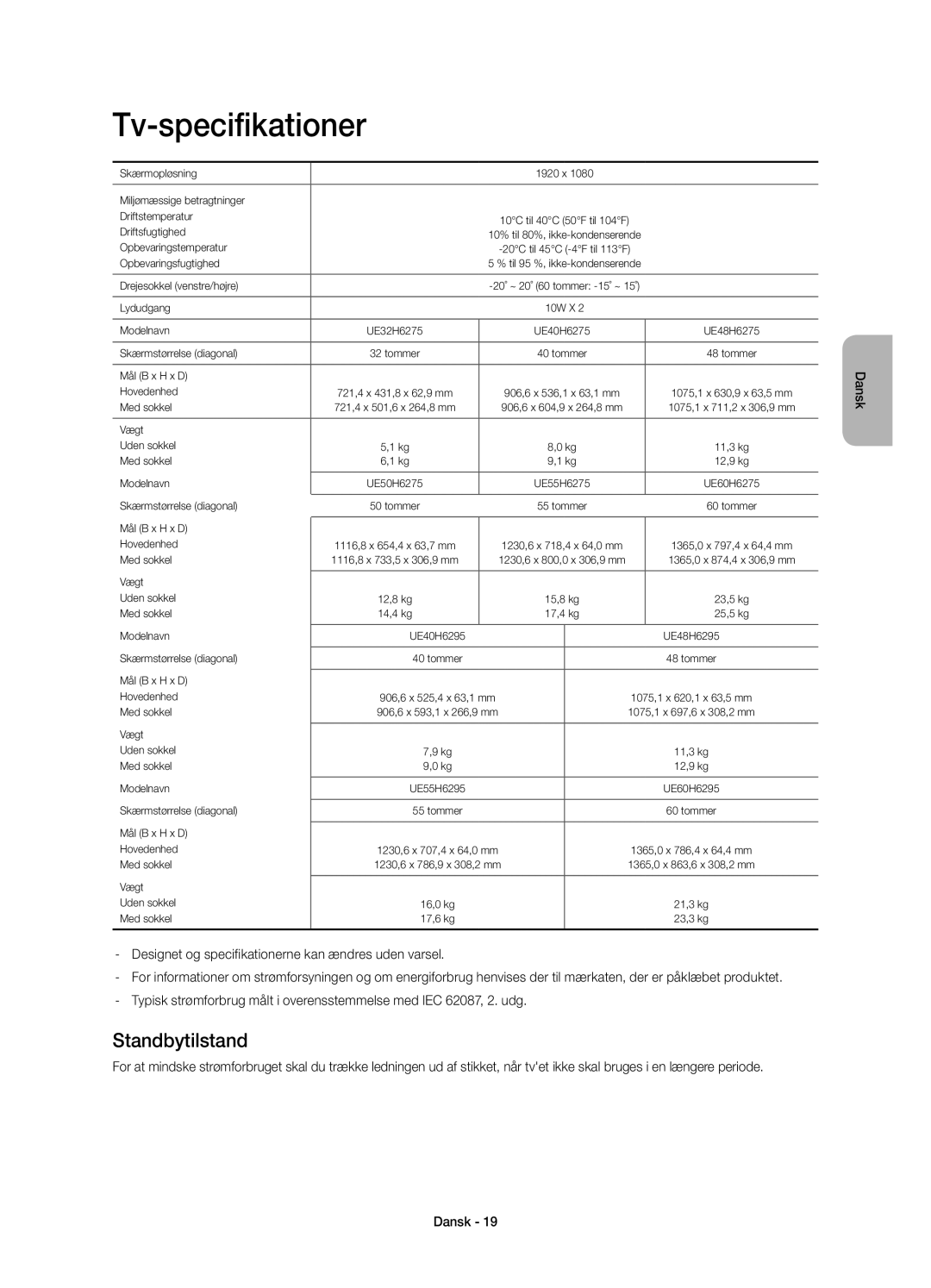 Samsung UE55H6275SUXXE, UE32H6275SUXXE, UE50H6275SUXXE, UE40H6275SUXXE, UE60H6275SUXXE Tv-specifikationer, Standbytilstand 