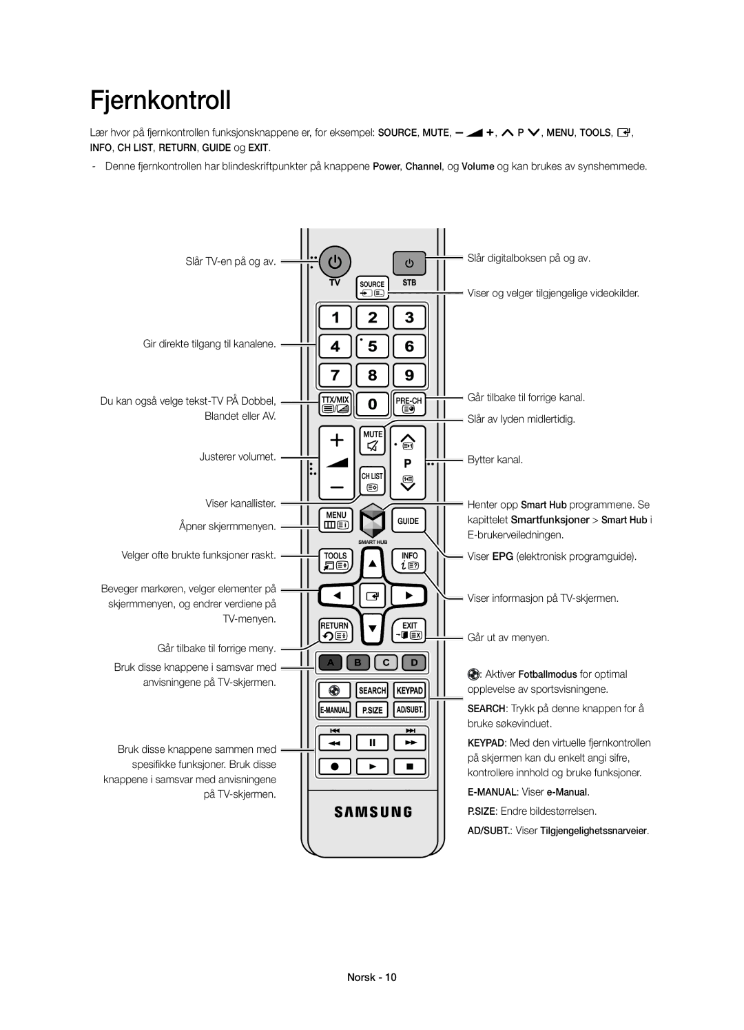 Samsung UE48H6275SUXXE Slår TV-en på og av Slår digitalboksen på og av, Gir direkte tilgang til kanalene, På TV-skjermen 