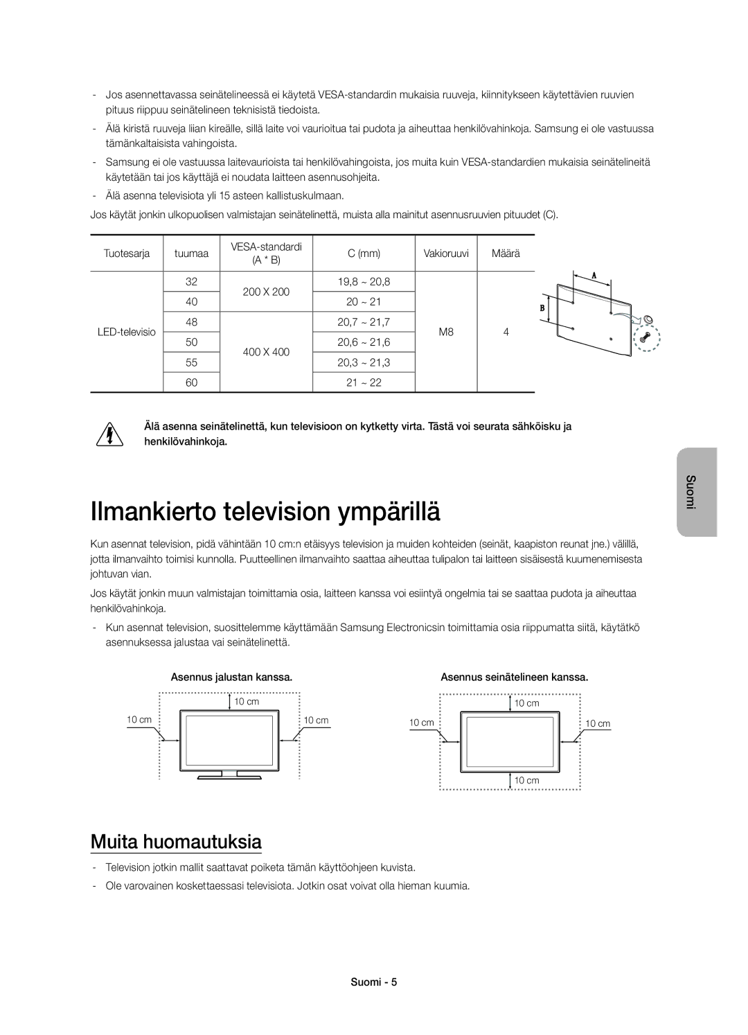 Samsung UE50H6275SUXXE, UE32H6275SUXXE, UE40H6275SUXXE, UE60H6275SUXXE Ilmankierto television ympärillä, Muita huomautuksia 