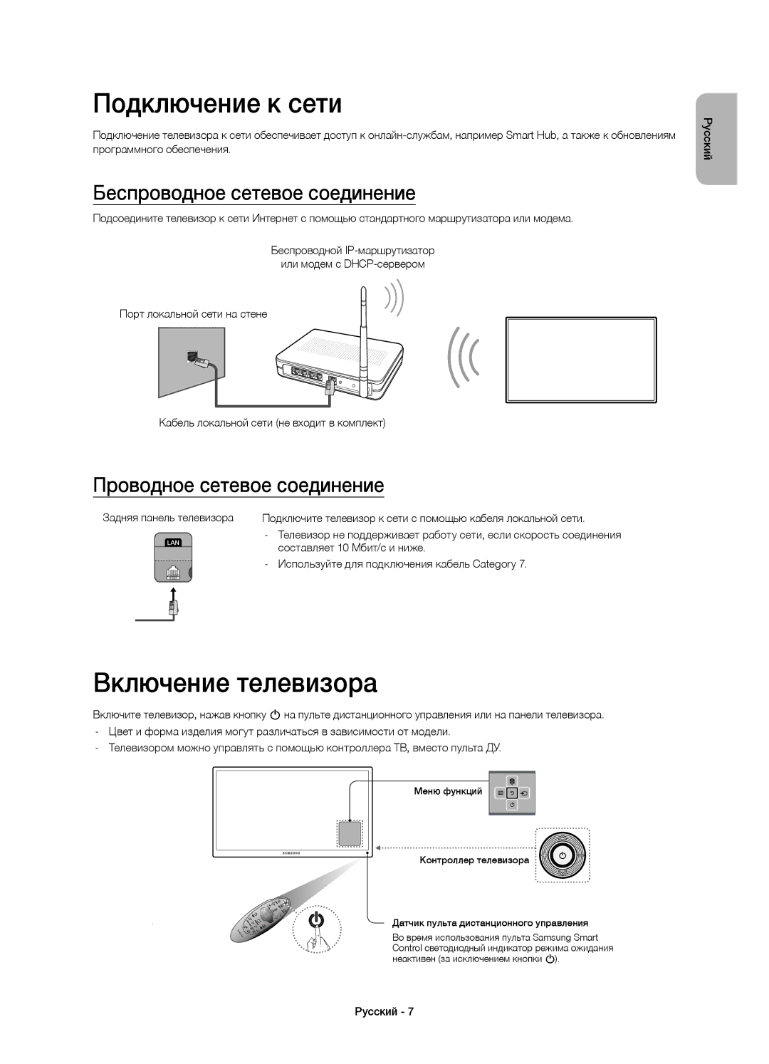 Samsung UE32H6400AKXUZ, UE32H6400AKXMS manual Подключение к сети, Включение телевизора, Беспроводное сетевое соединение 