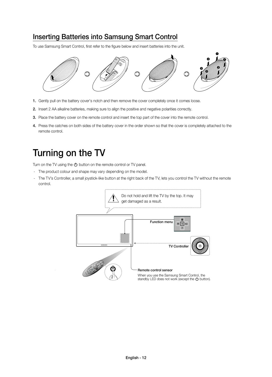 Samsung UE32H6410SSXZF, UE40H6410SSXZF, UE48H6410SSXZF Turning on the TV, Inserting Batteries into Samsung Smart Control 