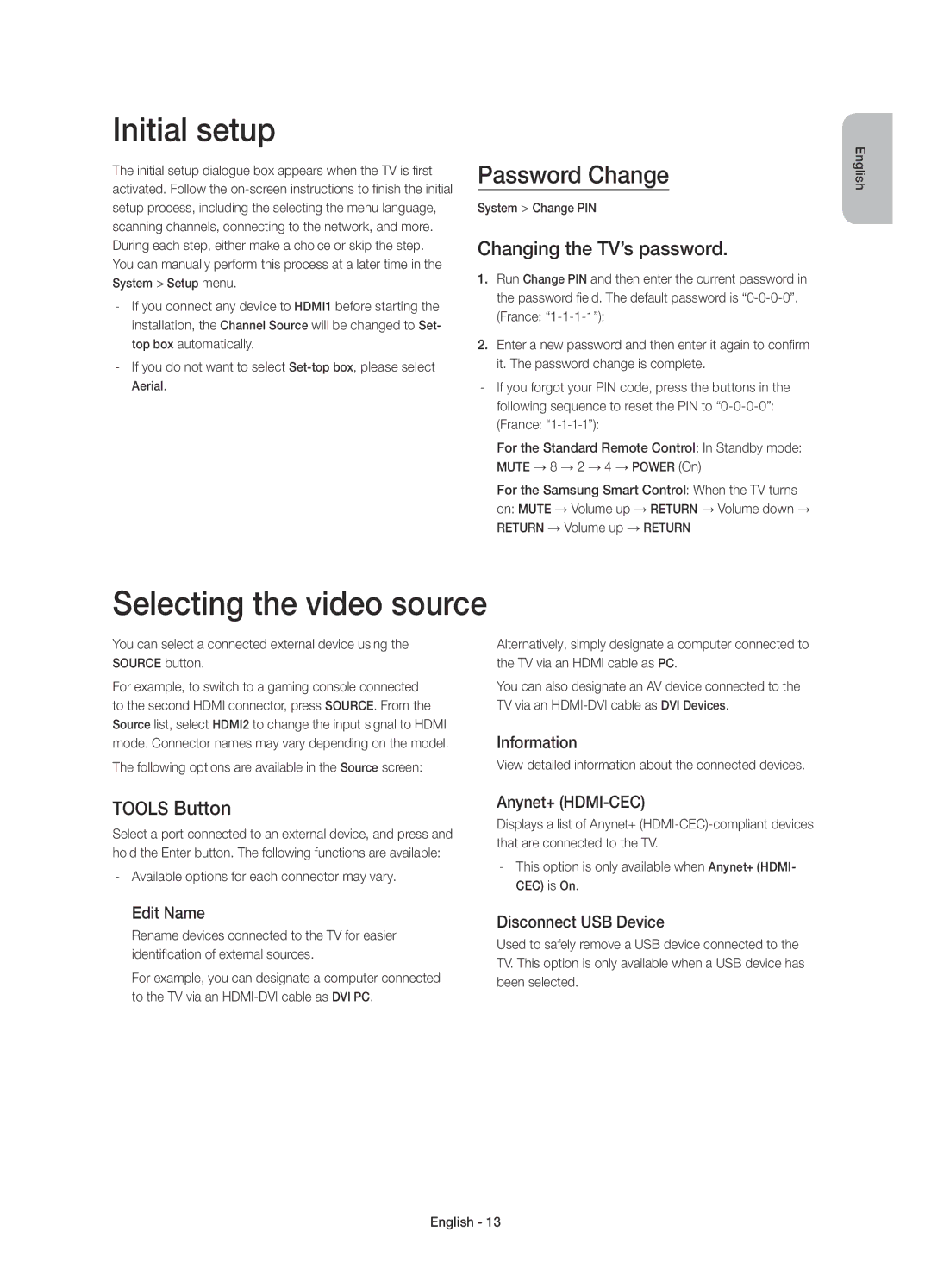 Samsung UE40H6410SSXZF manual Initial setup, Selecting the video source, Password Change, Changing the TV’s password 