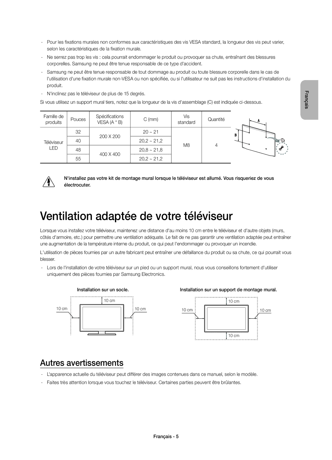 Samsung UE55H6410SSXZF manual Ventilation adaptée de votre téléviseur, Autres avertissements, 20,2 ~ 21,2, 20,8 ~ 21,8 