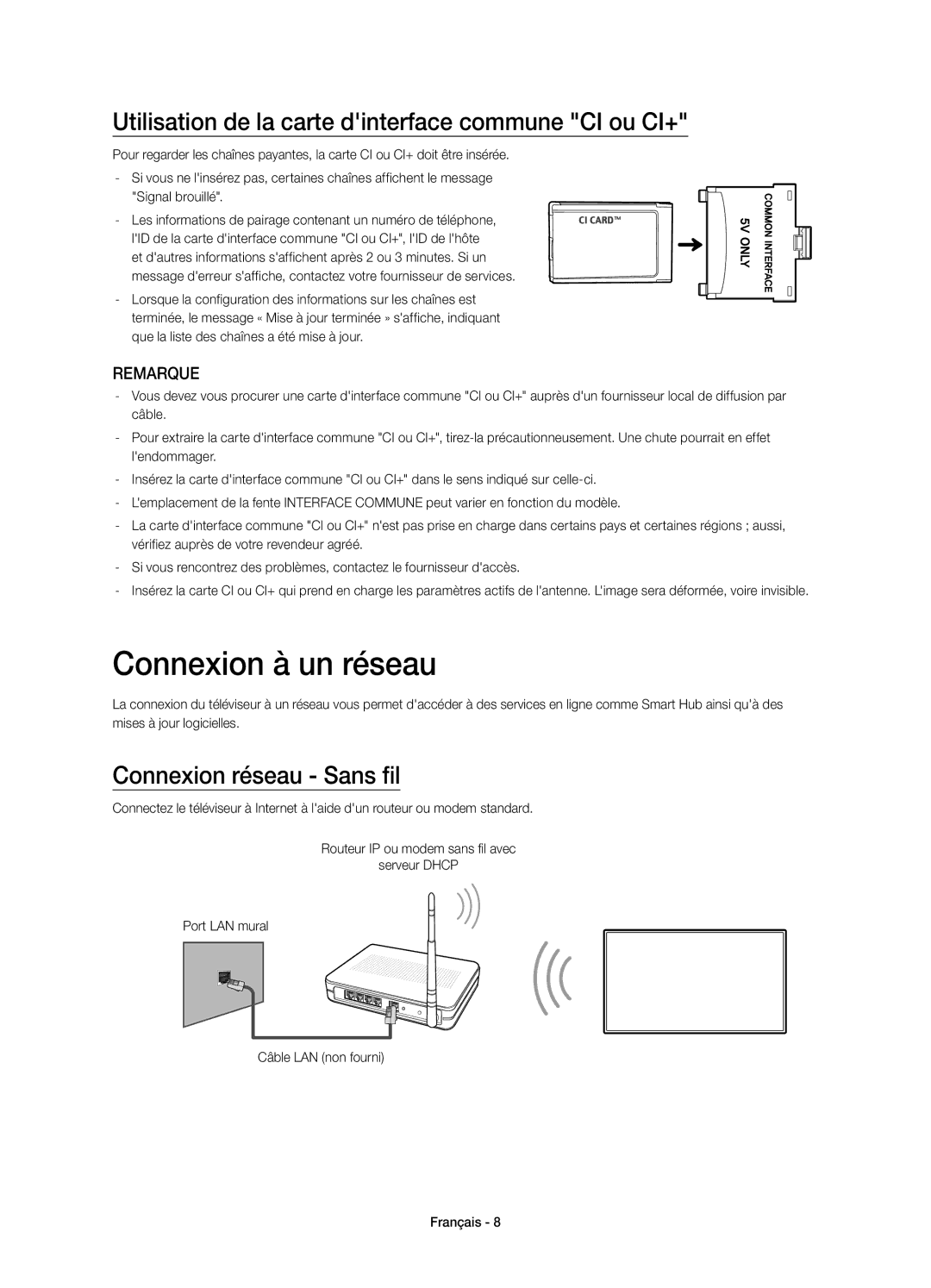 Samsung UE48H6410SSXZF, UE32H6410SSXZF manual Connexion à un réseau, Utilisation de la carte dinterface commune CI ou CI+ 