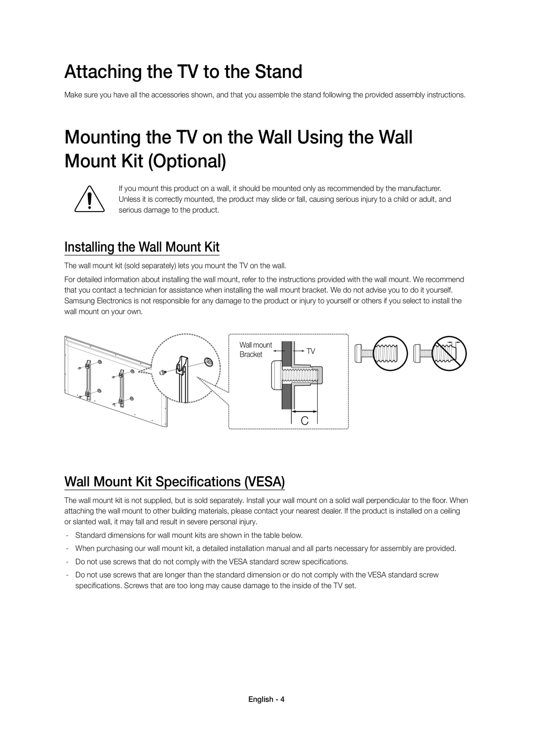 Samsung UE32H6410SSXZF Attaching the TV to the Stand, Installing the Wall Mount Kit, Wall Mount Kit Specifications Vesa 