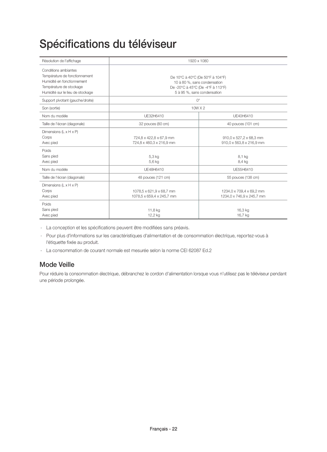 Samsung UE32H6410SSXZF, UE40H6410SSXZF, UE48H6410SSXZF, UE55H6410SSXZF manual Spécifications du téléviseur, Mode Veille 