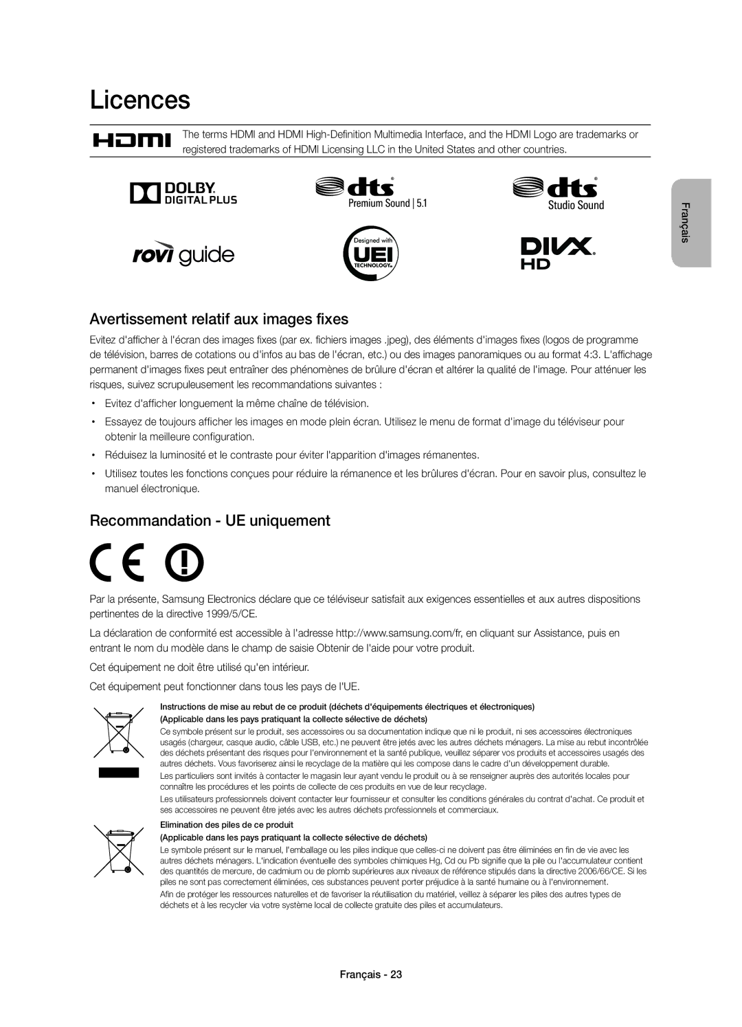 Samsung UE40H6410SSXZF, UE32H6410SSXZF, UE48H6410SSXZF Avertissement relatif aux images fixes, Recommandation UE uniquement 