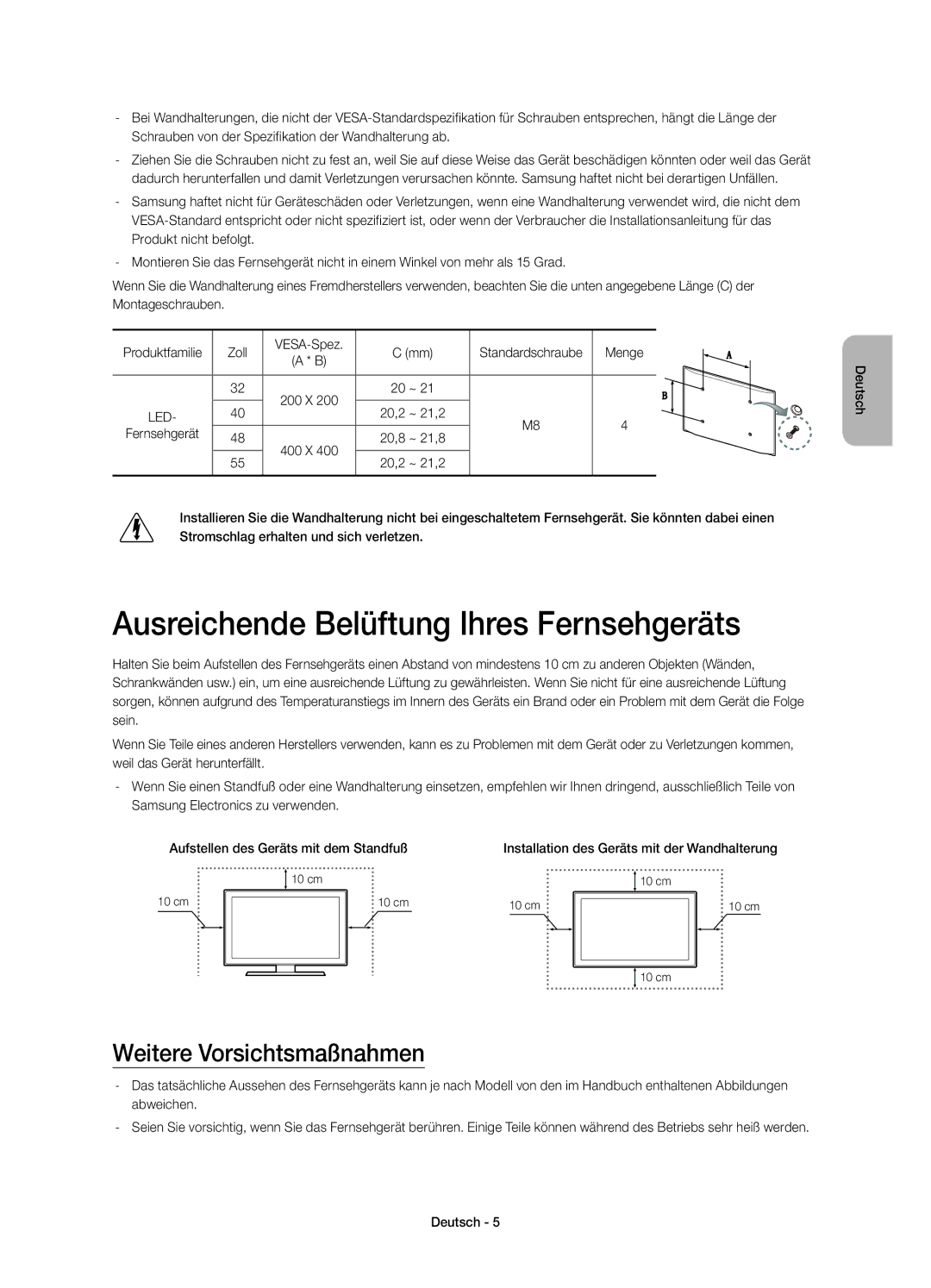 Samsung UE40H6410SSXZF, UE32H6410SSXZF manual Ausreichende Belüftung Ihres Fernsehgeräts, Weitere Vorsichtsmaßnahmen, Menge 