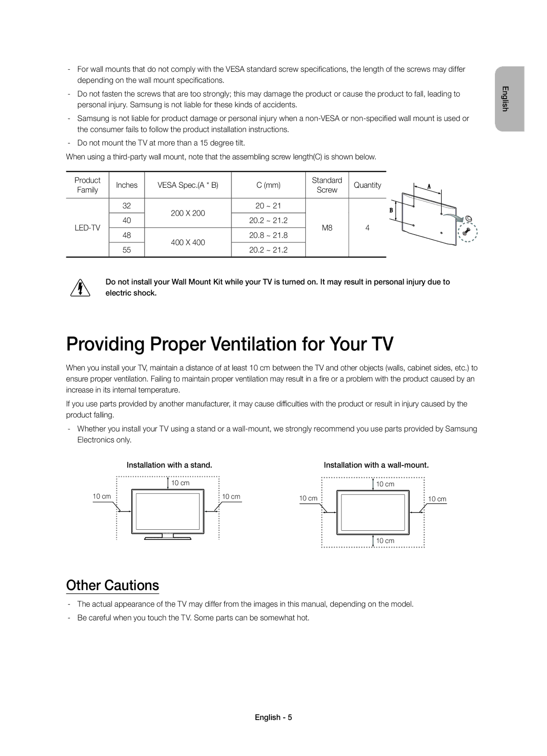 Samsung UE40H6410SSXZF, UE32H6410SSXZF, UE48H6410SSXZF manual Providing Proper Ventilation for Your TV, Other Cautions, 20.2 