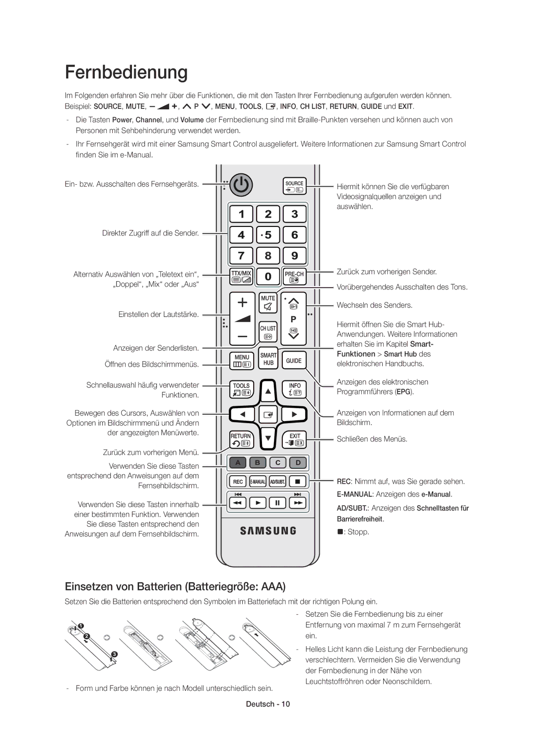 Samsung UE48H6410SSXZF, UE32H6410SSXZF, UE40H6410SSXZF manual Fernbedienung, Einsetzen von Batterien Batteriegröße AAA 