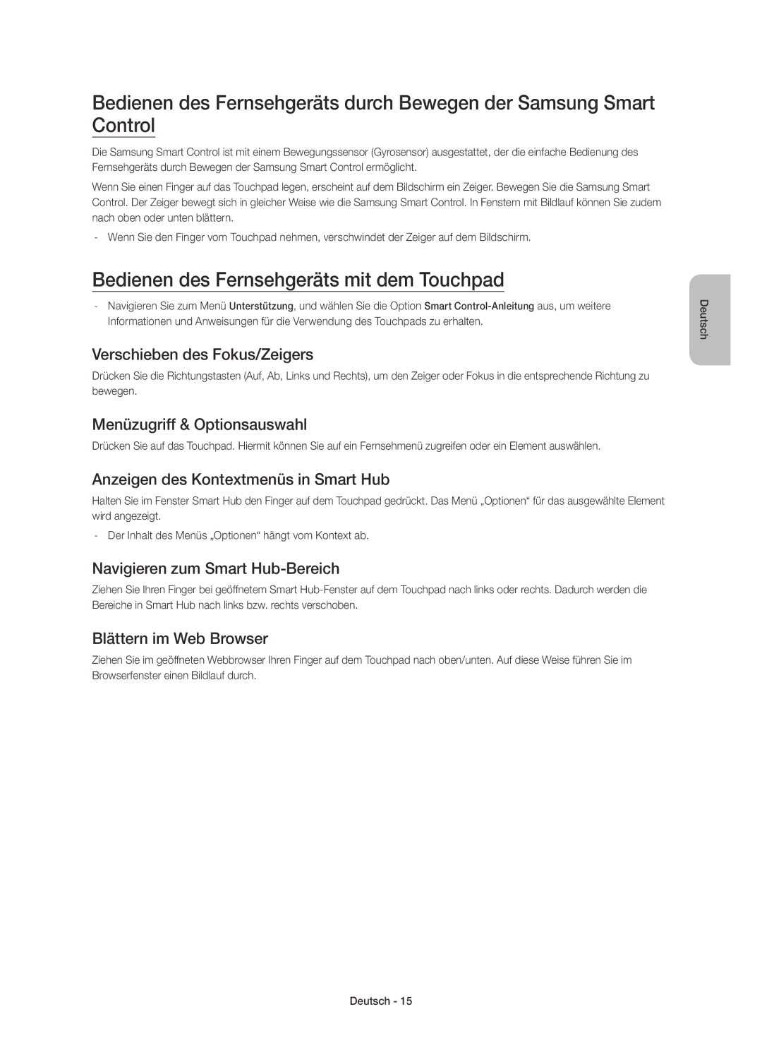 Samsung UE55H6410SSXZF, UE32H6410SSXZF, UE40H6410SSXZF, UE48H6410SSXZF manual Bedienen des Fernsehgeräts mit dem Touchpad 