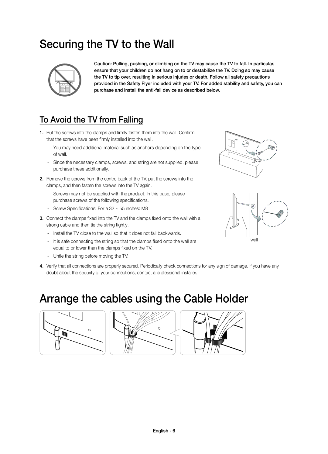 Samsung UE48H6410SSXZF, UE32H6410SSXZF manual Securing the TV to the Wall, Arrange the cables using the Cable Holder 