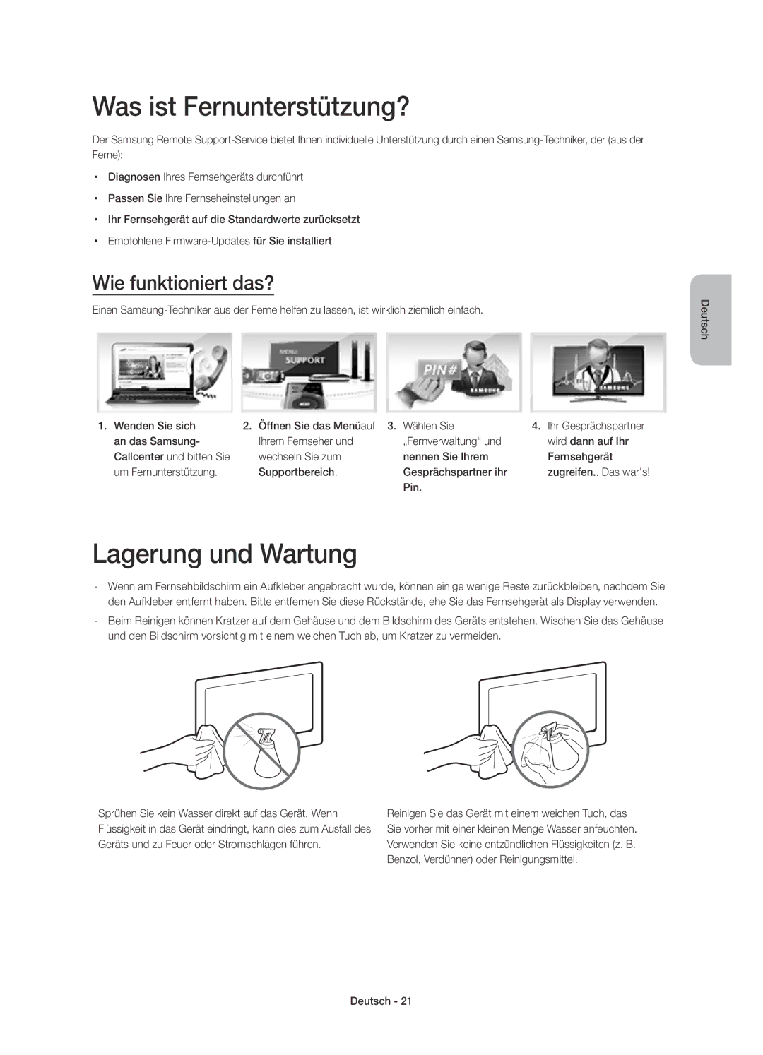 Samsung UE40H6410SSXZF, UE32H6410SSXZF manual Was ist Fernunterstützung?, Lagerung und Wartung, Wie funktioniert das?, Pin 