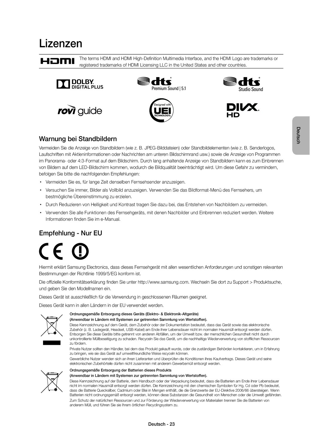 Samsung UE55H6410SSXZF Lizenzen, Warnung bei Standbildern, Empfehlung Nur EU, Bestmögliche Übereinstimmung zu erzielen 