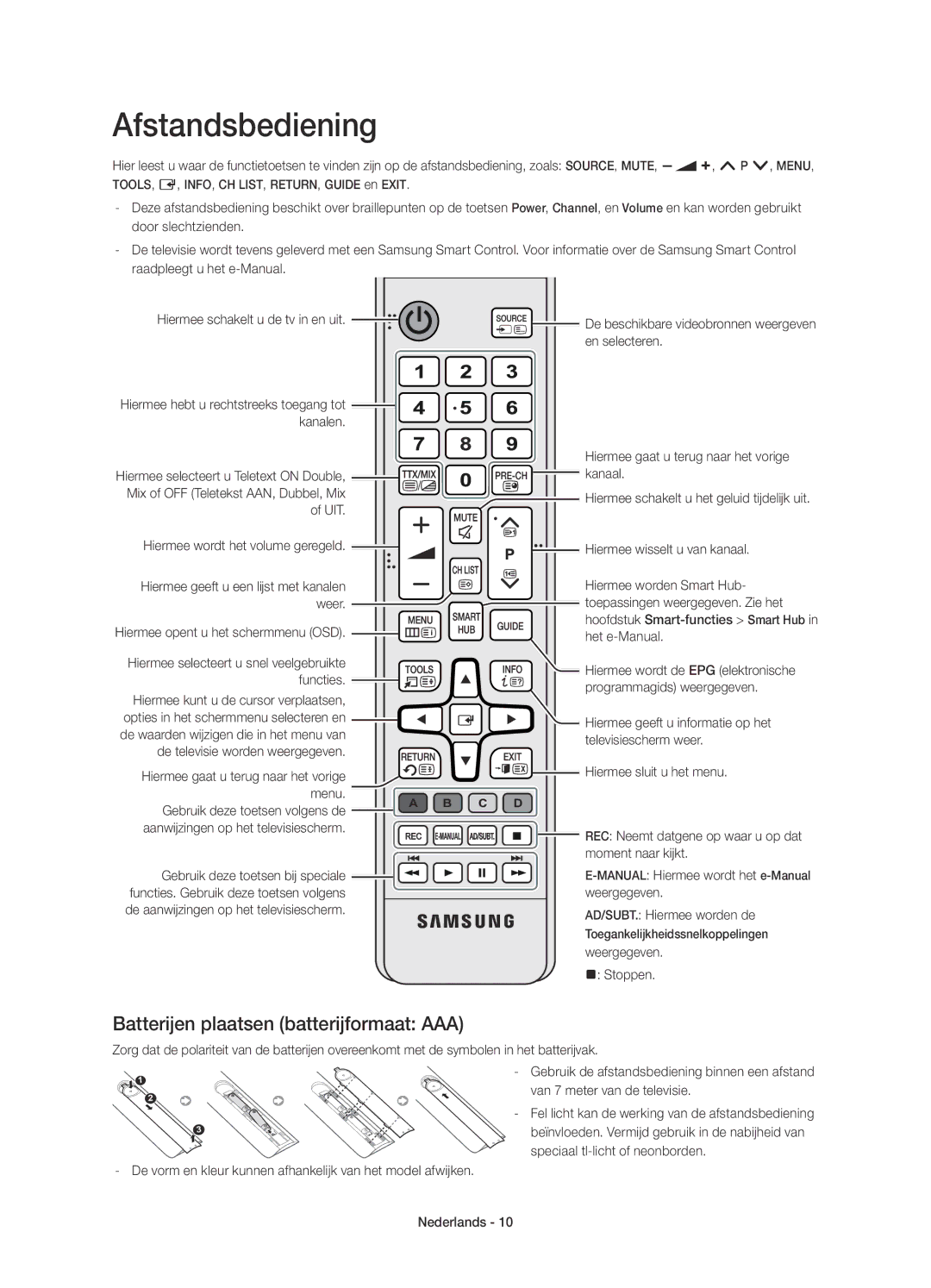 Samsung UE32H6410SSXZF, UE40H6410SSXZF, UE48H6410SSXZF manual Afstandsbediening, Batterijen plaatsen batterijformaat AAA 