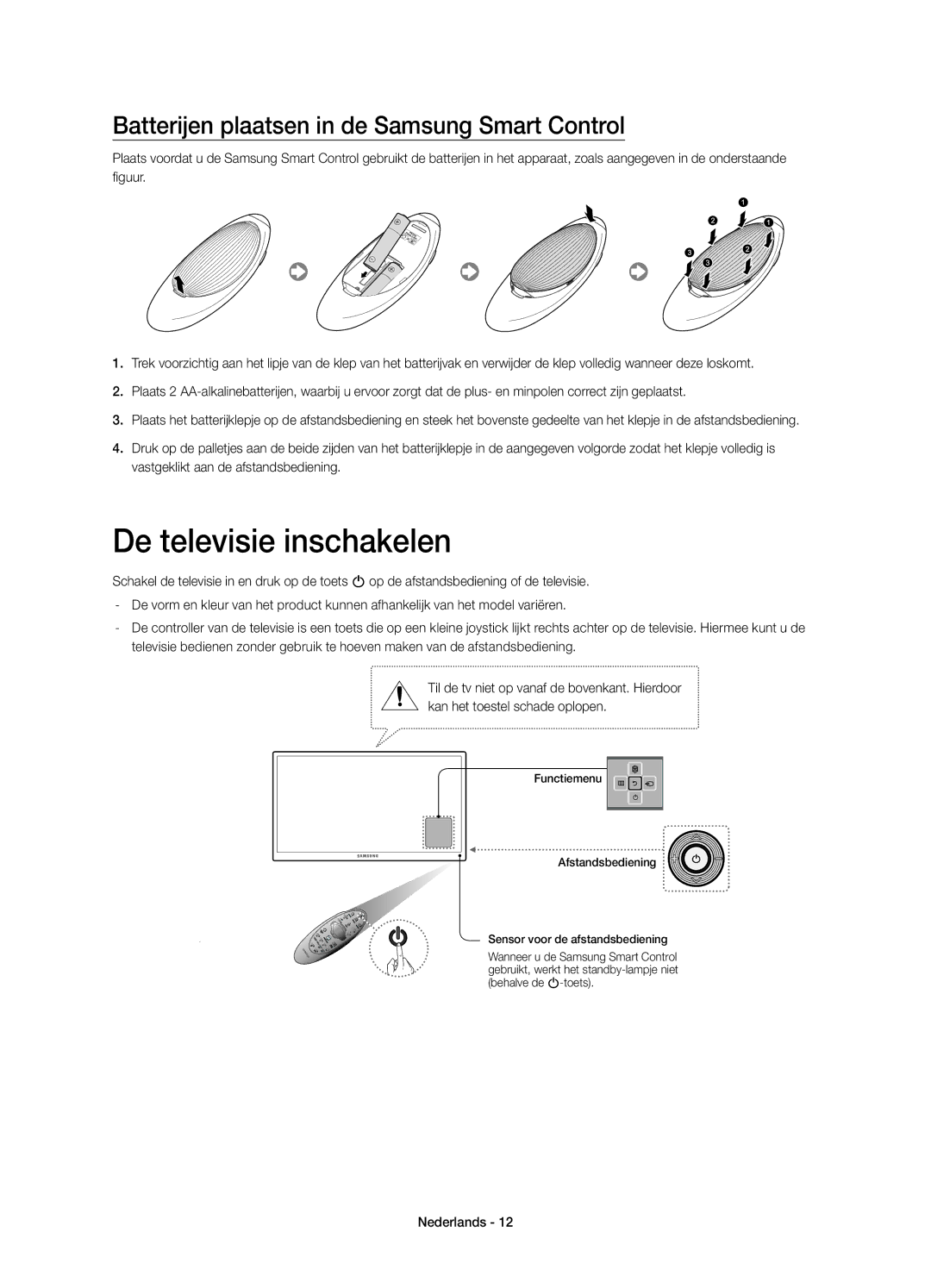 Samsung UE48H6410SSXZF, UE32H6410SSXZF manual De televisie inschakelen, Batterijen plaatsen in de Samsung Smart Control 