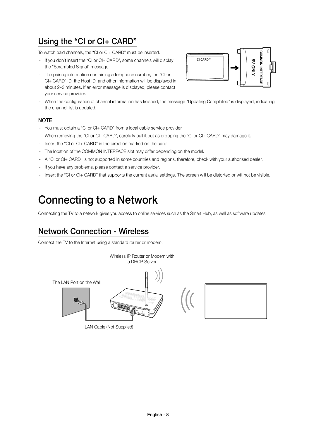 Samsung UE32H6410SSXZF, UE40H6410SSXZF manual Connecting to a Network, Using the CI or CI+ Card, Network Connection Wireless 