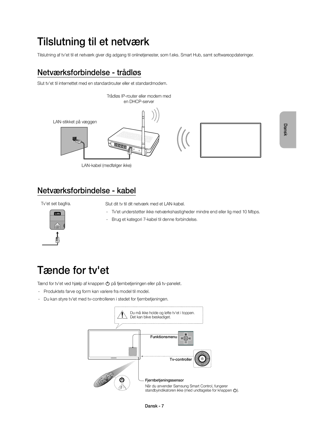 Samsung UE40H6415SUXXE Tilslutning til et netværk, Tænde for tvet, Netværksforbindelse trådløs, Netværksforbindelse kabel 