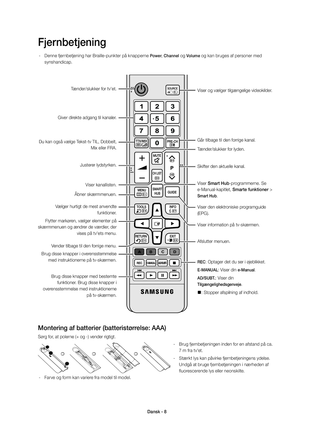 Samsung UE32H6415SUXXE, UE55H6415SUXXE, UE48H6415SUXXE manual Fjernbetjening, Montering af batterier batteristørrelse AAA 