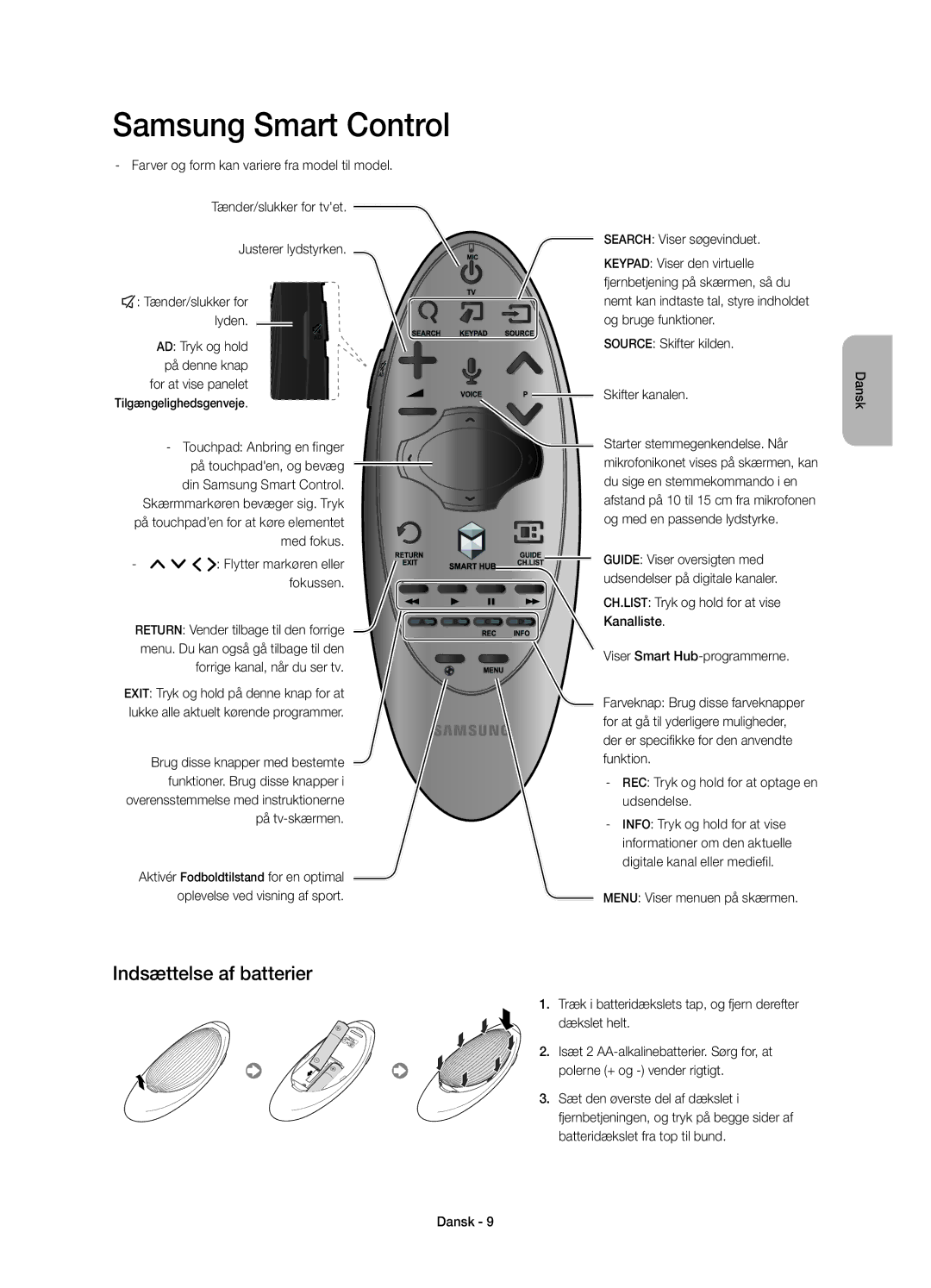 Samsung UE55H6415SUXXE, UE32H6415SUXXE manual Indsættelse af batterier, REC Tryk og hold for at optage en udsendelse 